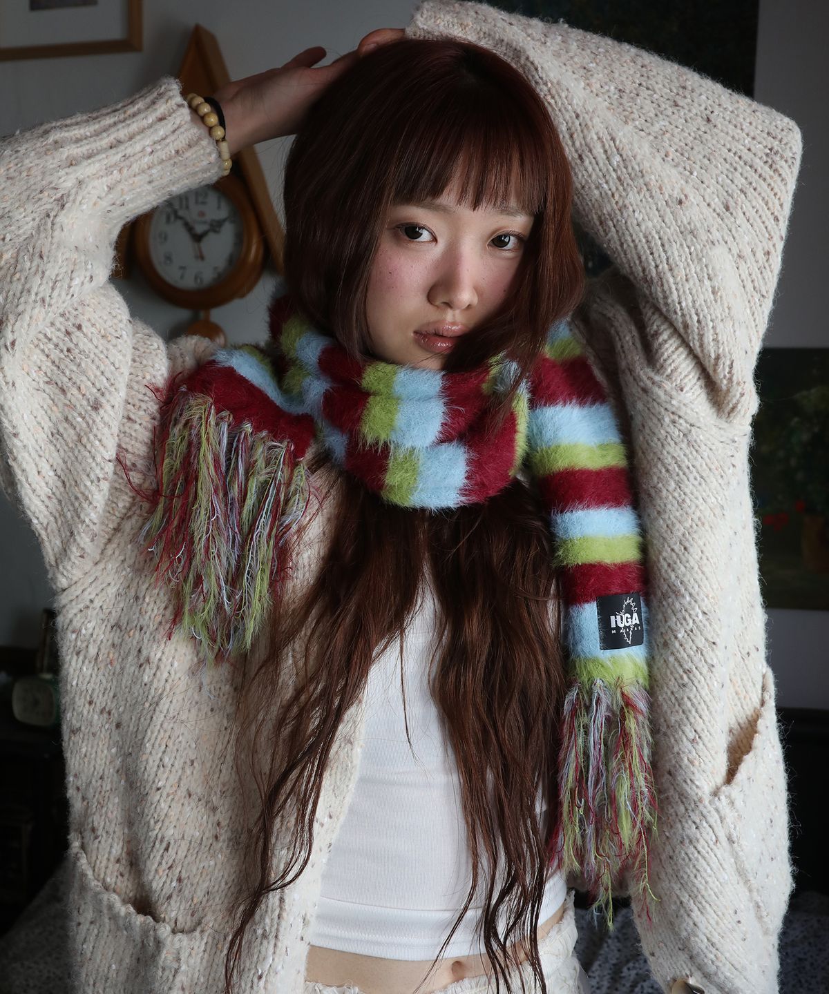 이우가마카라스(IUGAMAKARAS) Striped Hairy Bold Muffler (Burgundy)
