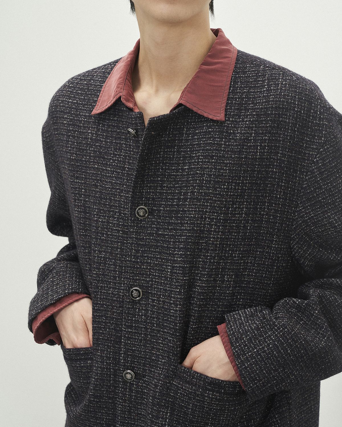 포커페이스(POKERFACE) COLLARLESS JACKET TWEED PURPLE (ITALY FABRIC)
