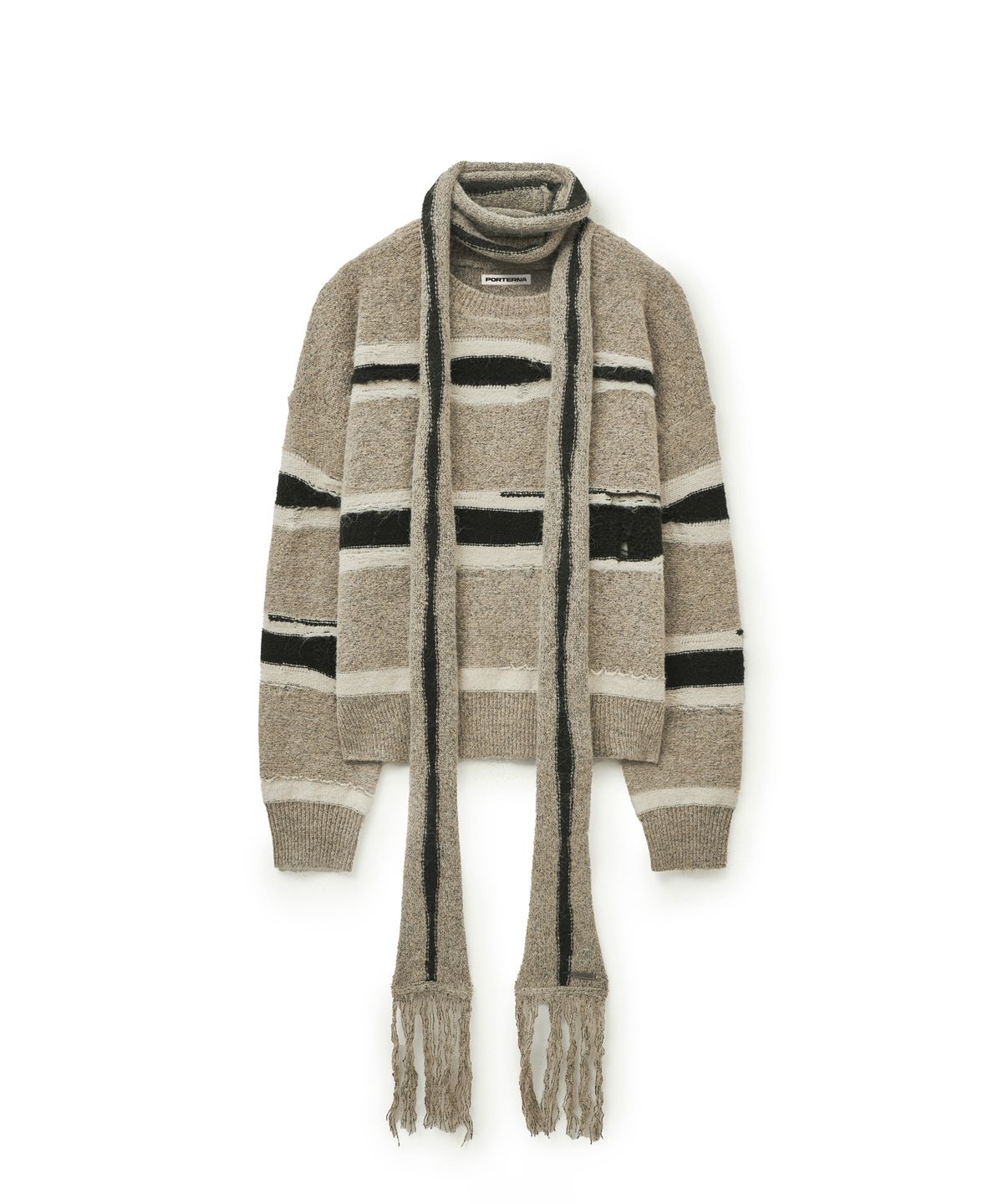 포르테나(PORTERNA) STRIPE DISTRESSED SWEATER SCARF SET-BEIGE