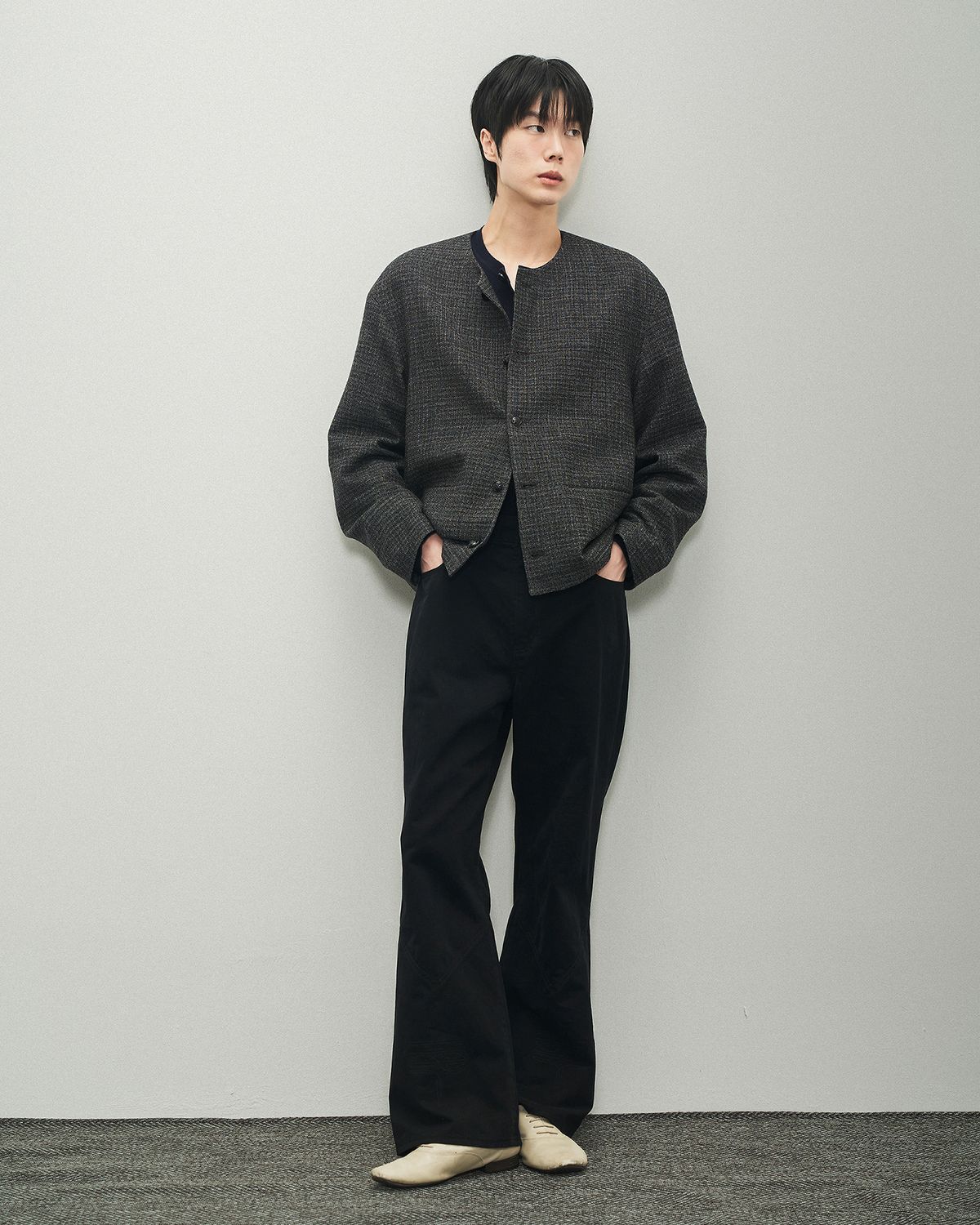 포커페이스(POKERFACE) COLLARLESS JACKET TWEED BLACK