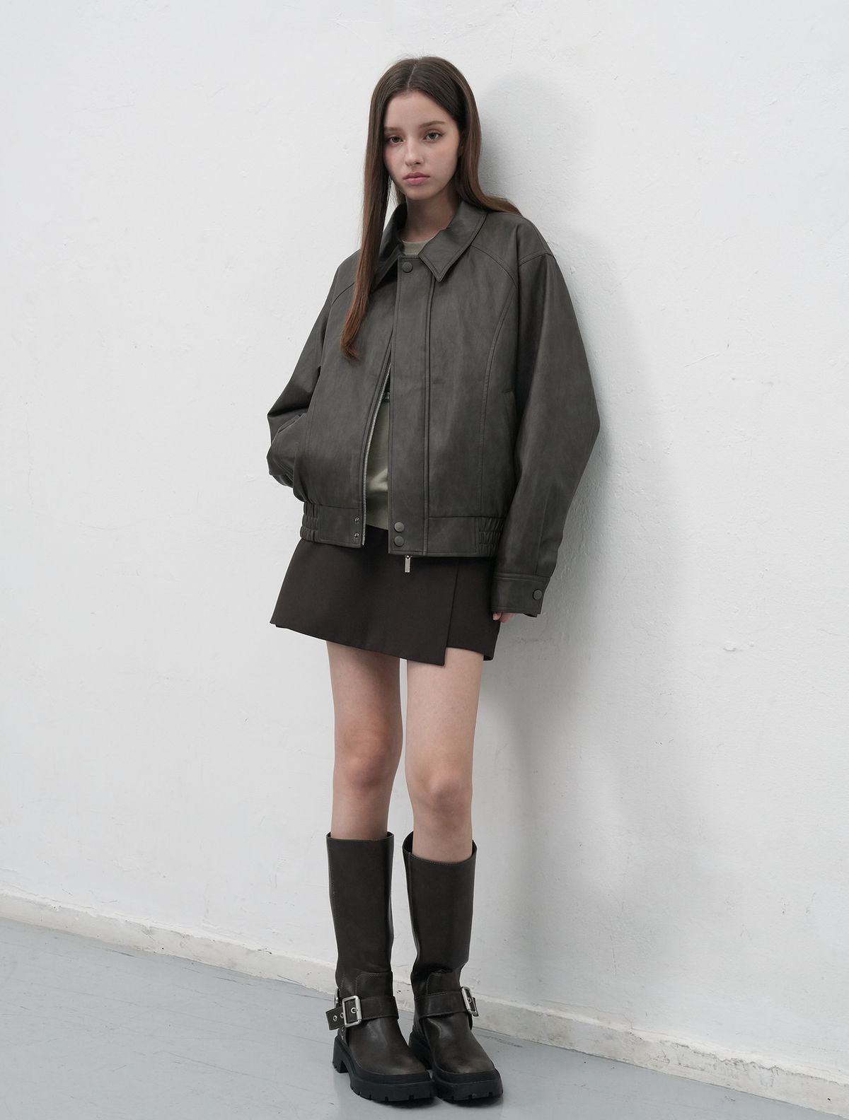 제너럴아이디어(GENERALIDEA) UNISEX 페이크 레더 카라 봄버 자켓 [DARK BROWN] / SBE3U09007