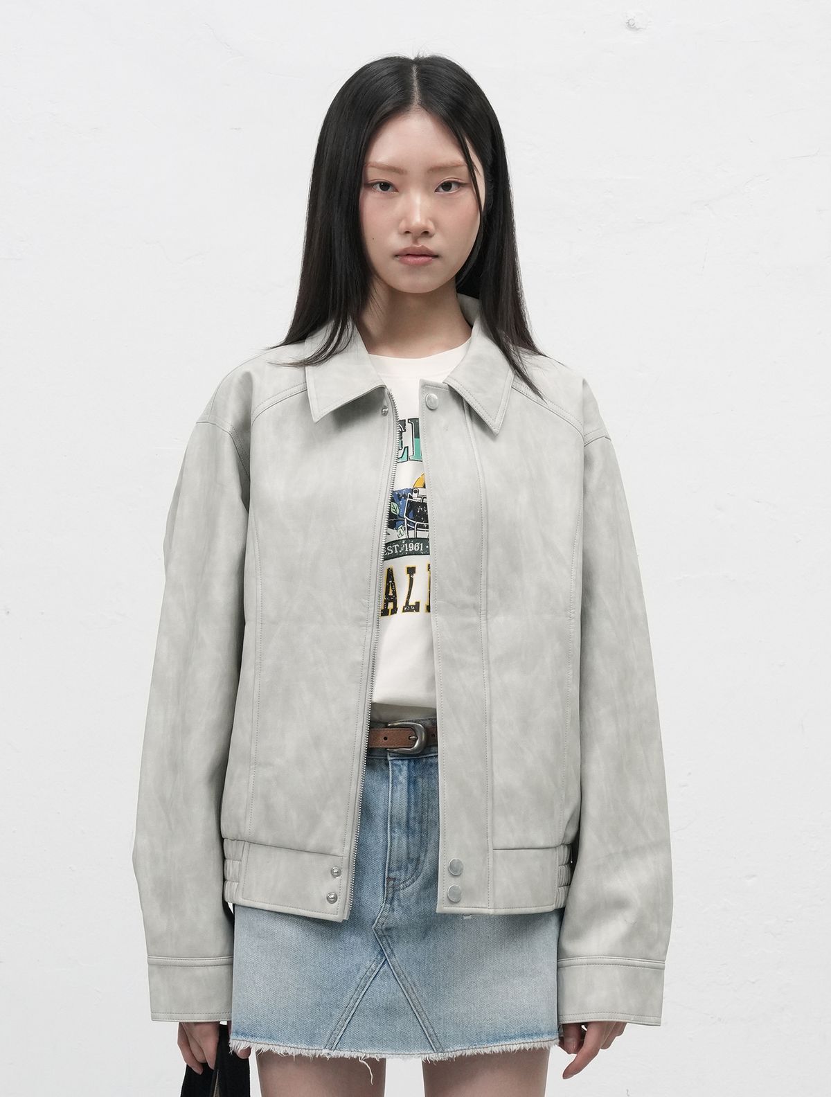 제너럴아이디어(GENERALIDEA) UNISEX 페이크 레더 카라 봄버 자켓 [GREY] / SBE3U09007
