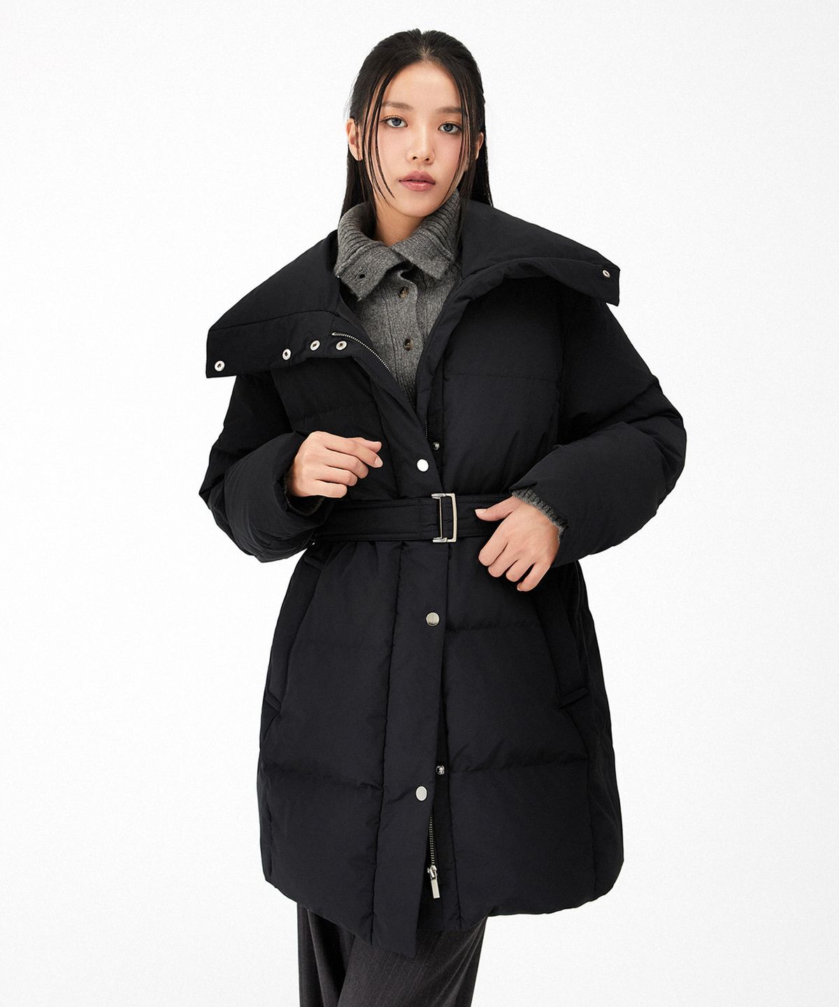 미쏘(MIXXO) 하이넥 벨티드 롱 패딩_MIWJDEV02B