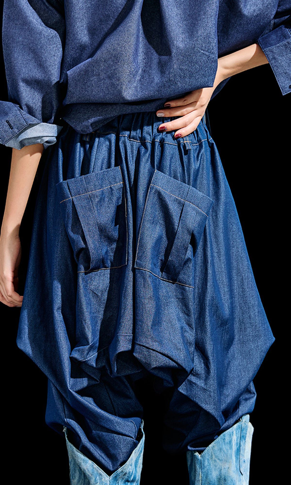 레큘리(RECULER) Skirt silhouette baggy pants Like Denim Deep Blue
