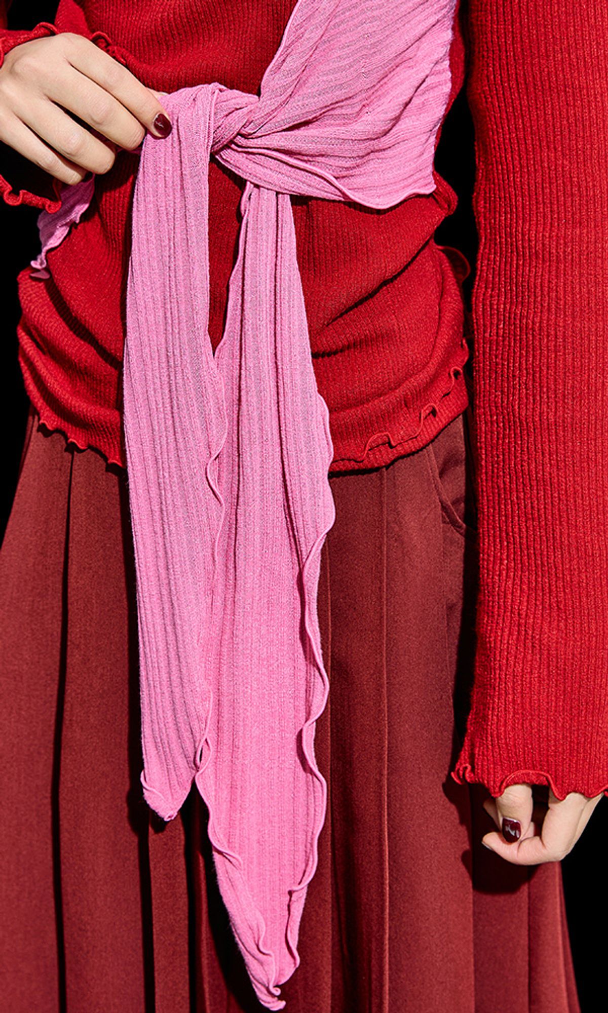 레큘리(RECULER) Cowl string coloration  draped T-shirt Red