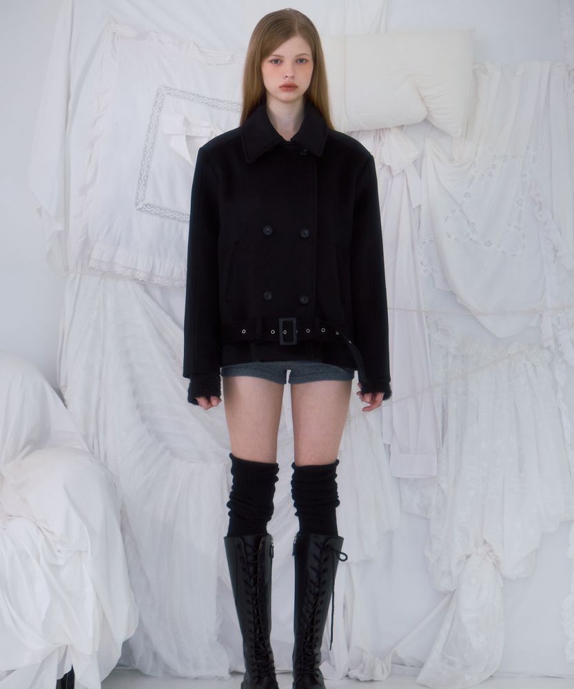 MUSINSA公式 | ROSÉ FRANTZ Belt Half-neck Wool Jacket [Black]