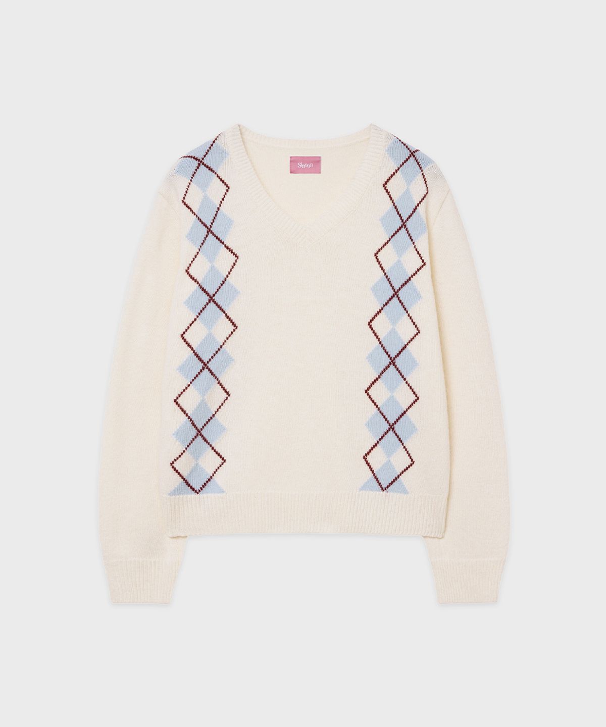 시눈(SINOON) [베이비돈크라이 쿠미 착용] SN Twin Argyle V-neck Knit (Ivory)