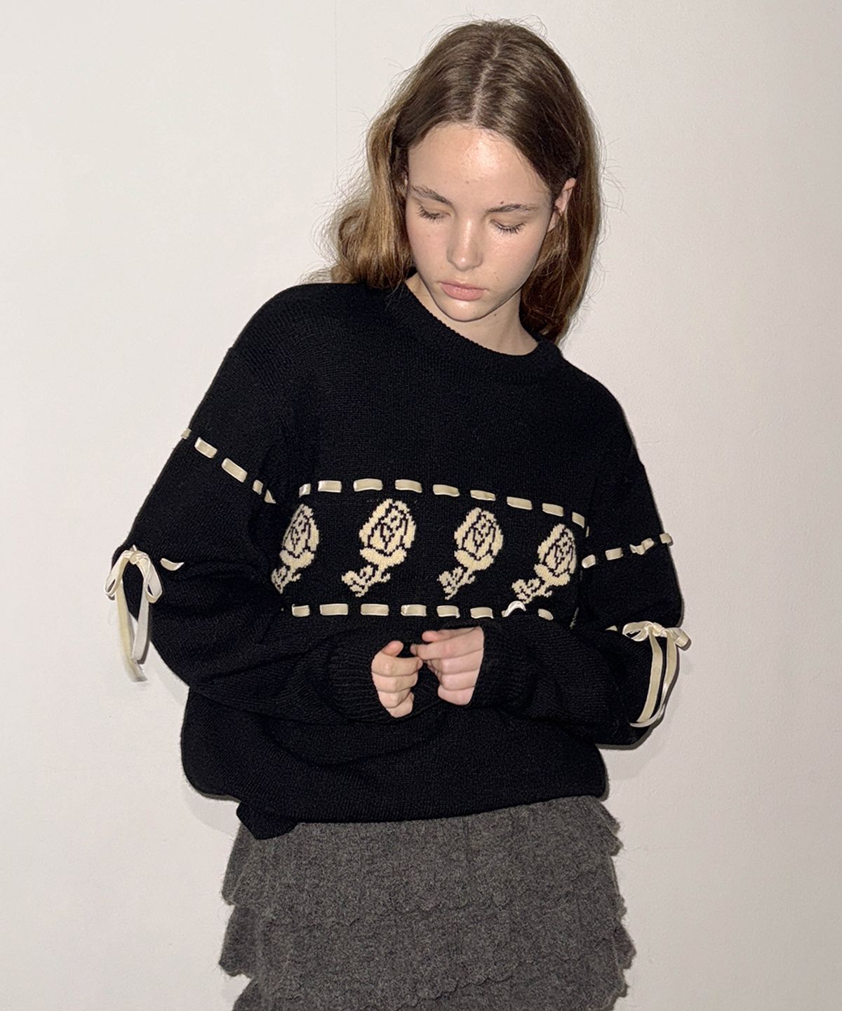 시눈(SINOON) SN Rose Velvet Eyelet Knit (Black)
