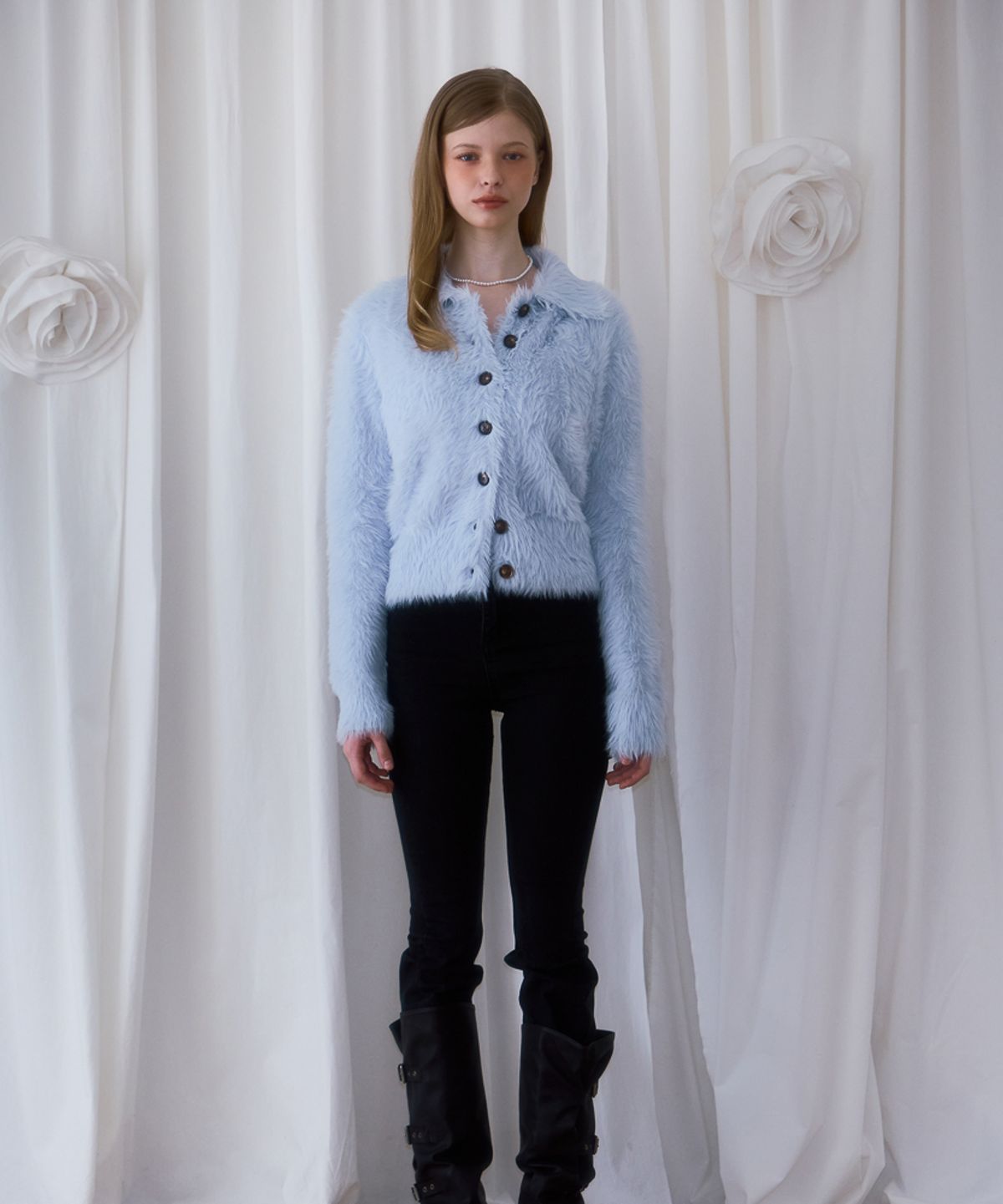 로제프란츠(ROSEFRANTZ) Fur Collar Button Cardigan [Sky Blue]
