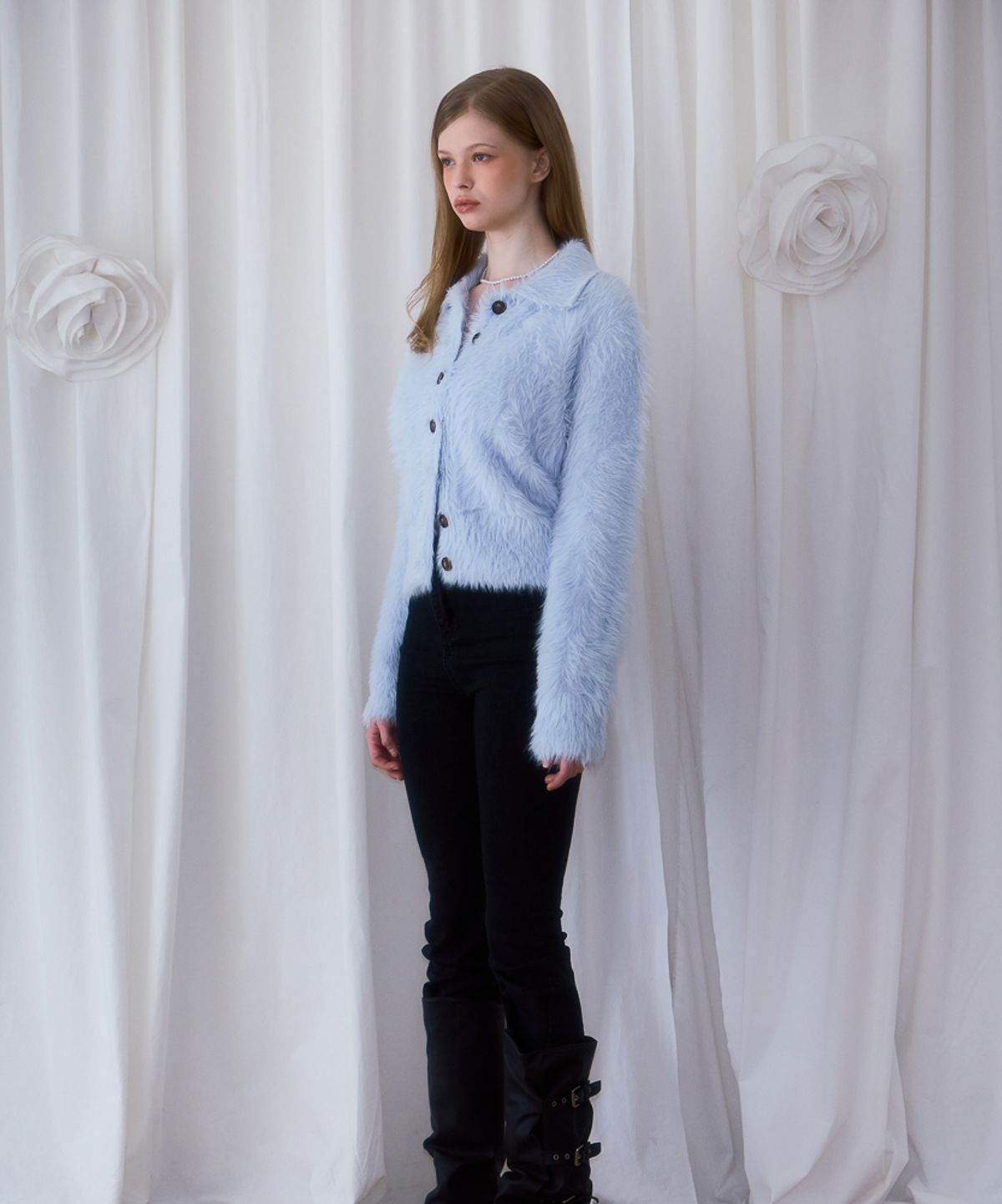 로제프란츠(ROSEFRANTZ) Fur Collar Button Cardigan [Sky Blue]