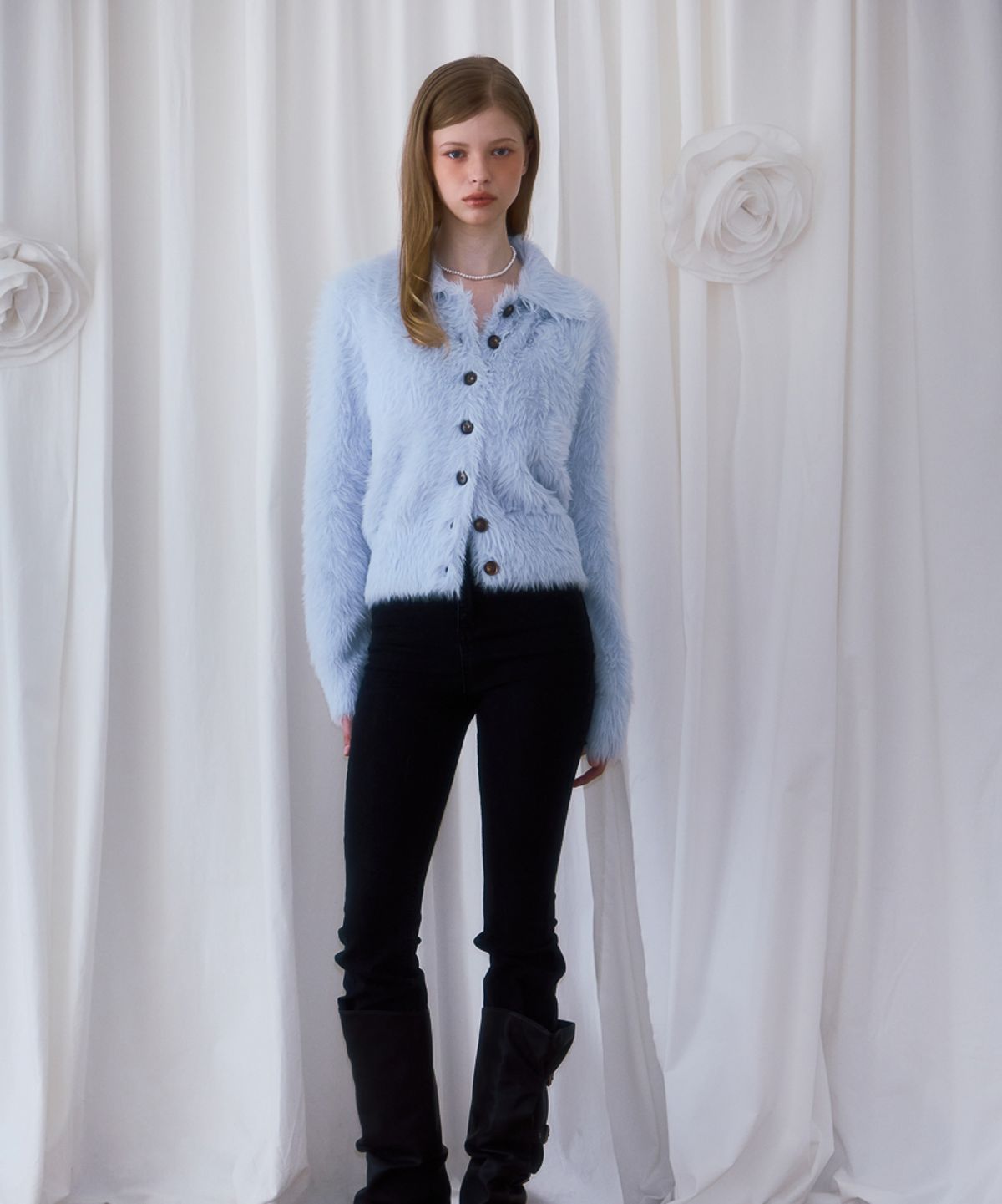로제프란츠(ROSEFRANTZ) Fur Collar Button Cardigan [Sky Blue]