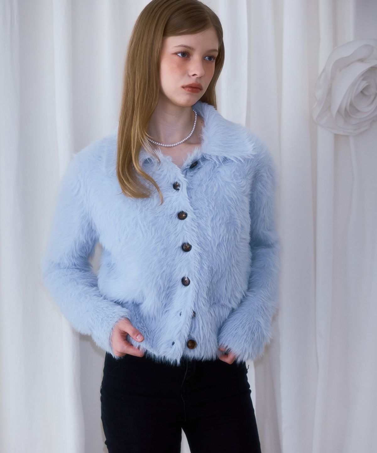 로제프란츠(ROSEFRANTZ) Fur Collar Button Cardigan [Sky Blue]