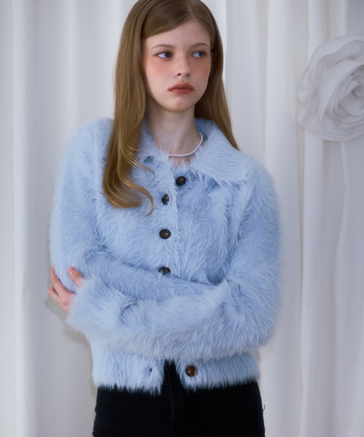 로제프란츠(ROSEFRANTZ) Fur Collar Button Cardigan [Sky Blue]