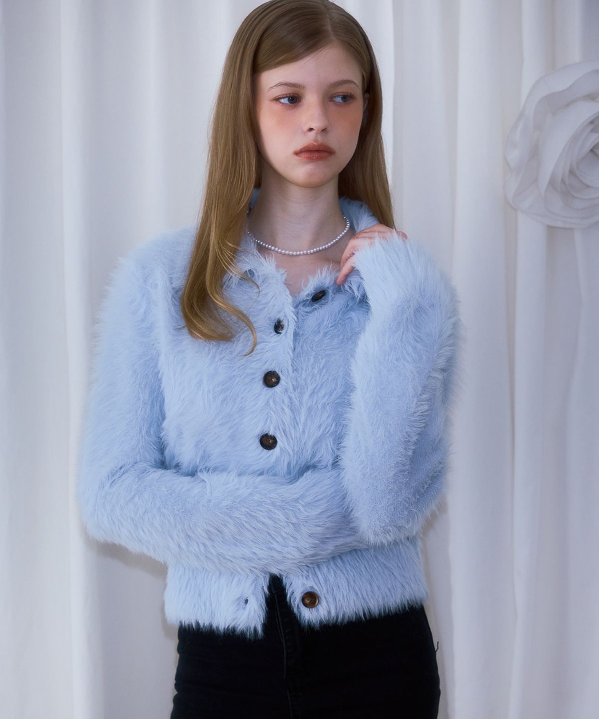 로제프란츠(ROSEFRANTZ) Fur Collar Button Cardigan [Sky Blue]