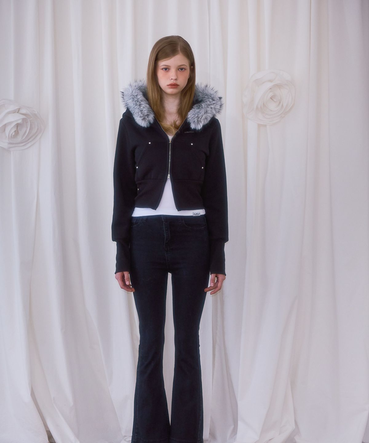 로제프란츠(ROSEFRANTZ) Fur Slim Rivet Hood Zip-up [Black]