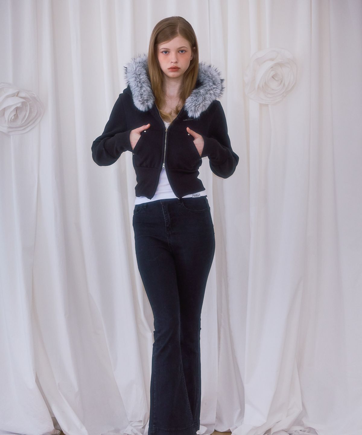 로제프란츠(ROSEFRANTZ) Fur Slim Rivet Hood Zip-up [Black]