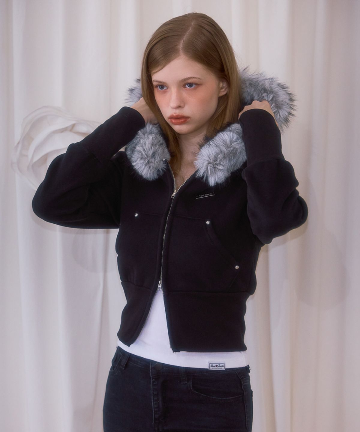 로제프란츠(ROSEFRANTZ) Fur Slim Rivet Hood Zip-up [Black]
