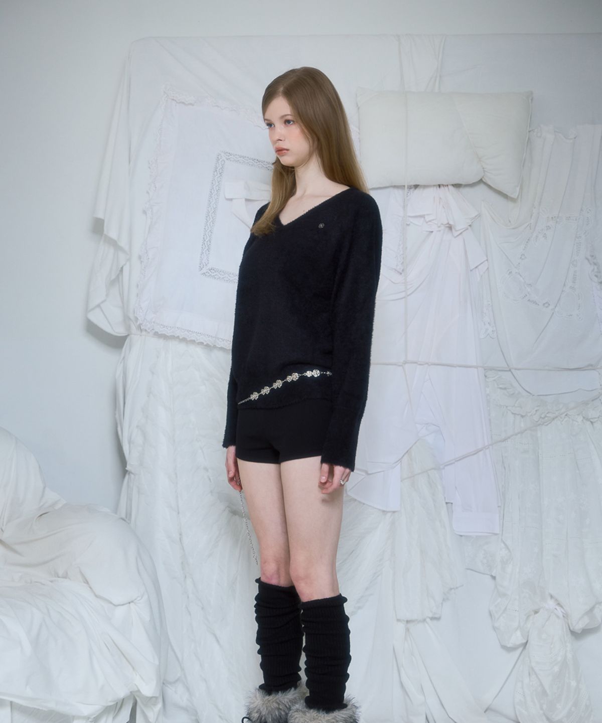 로제프란츠(ROSEFRANTZ) Fur V-neck Knit [Black]