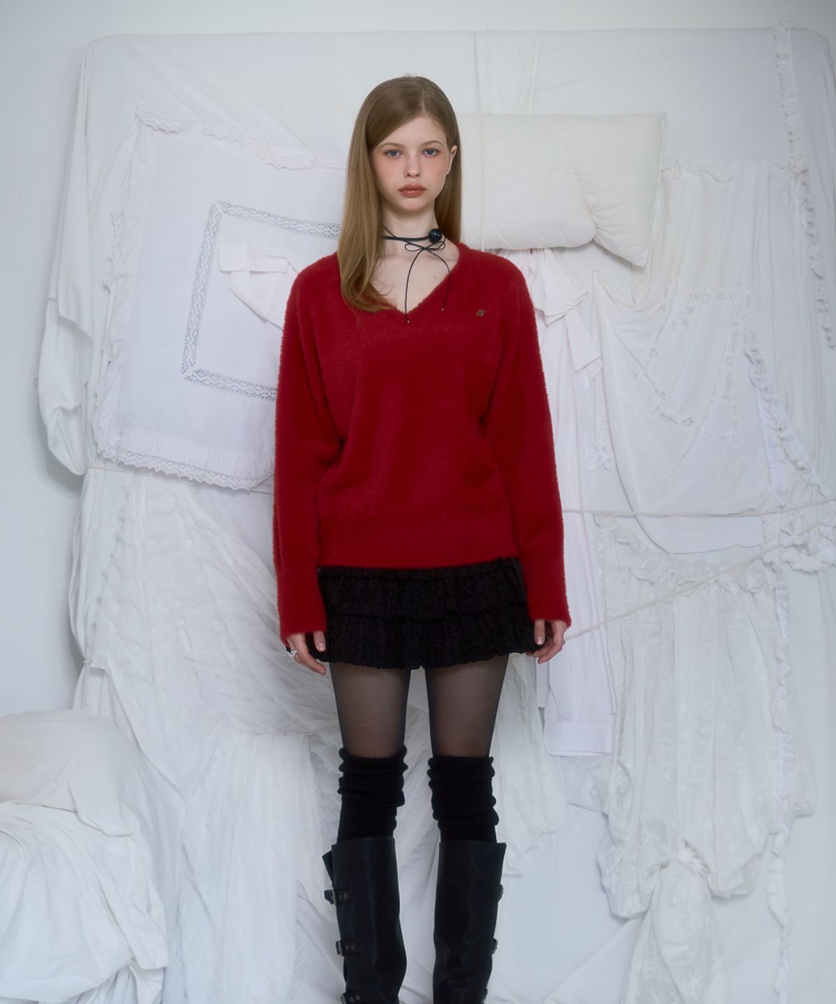 로제프란츠(ROSEFRANTZ) Fur V-neck Knit [Red]