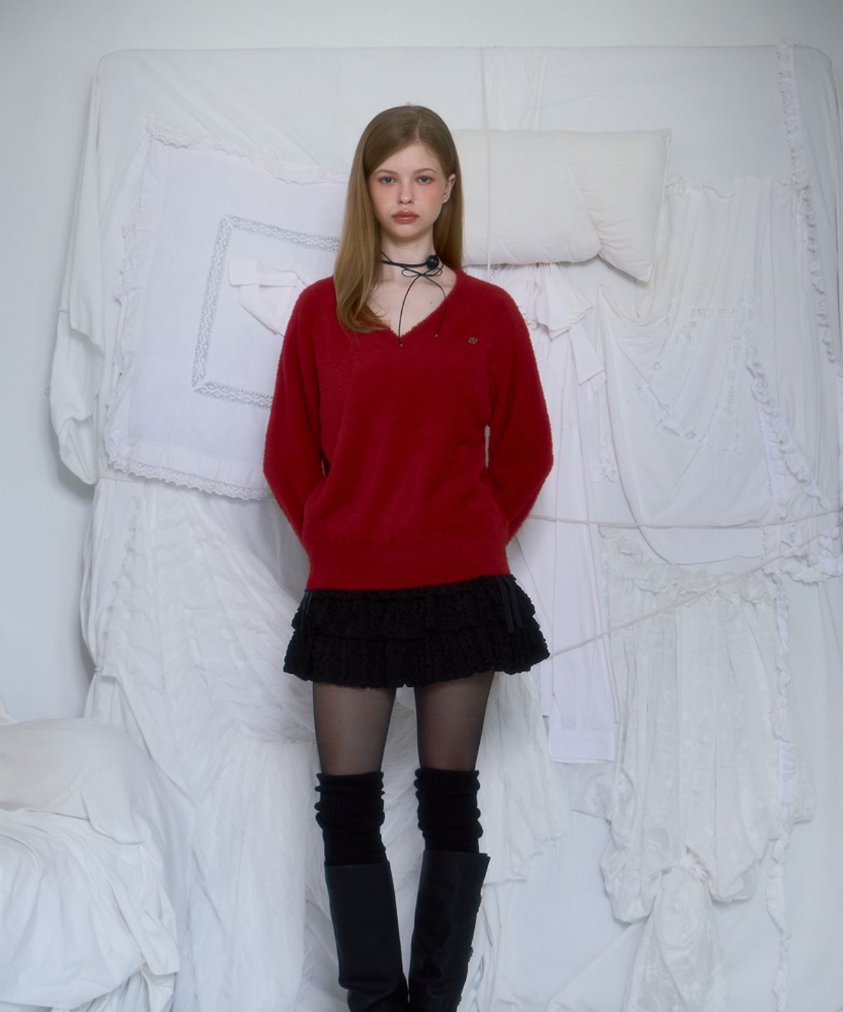 로제프란츠(ROSEFRANTZ) Fur V-neck Knit [Red]