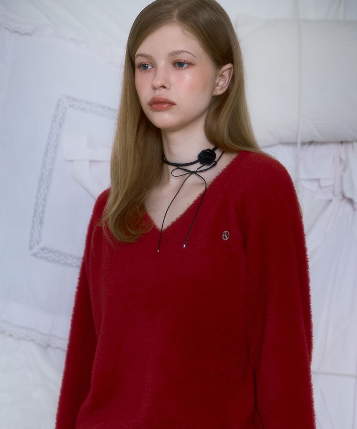 로제프란츠(ROSEFRANTZ) Fur V-neck Knit [Red]