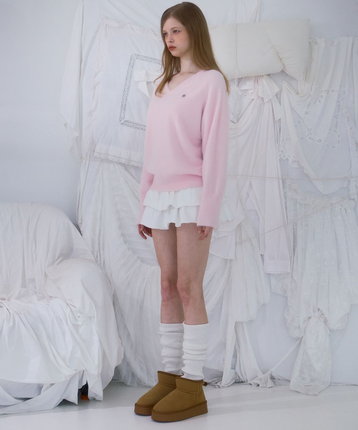 로제프란츠(ROSEFRANTZ) Fur V-neck Knit [Pink]