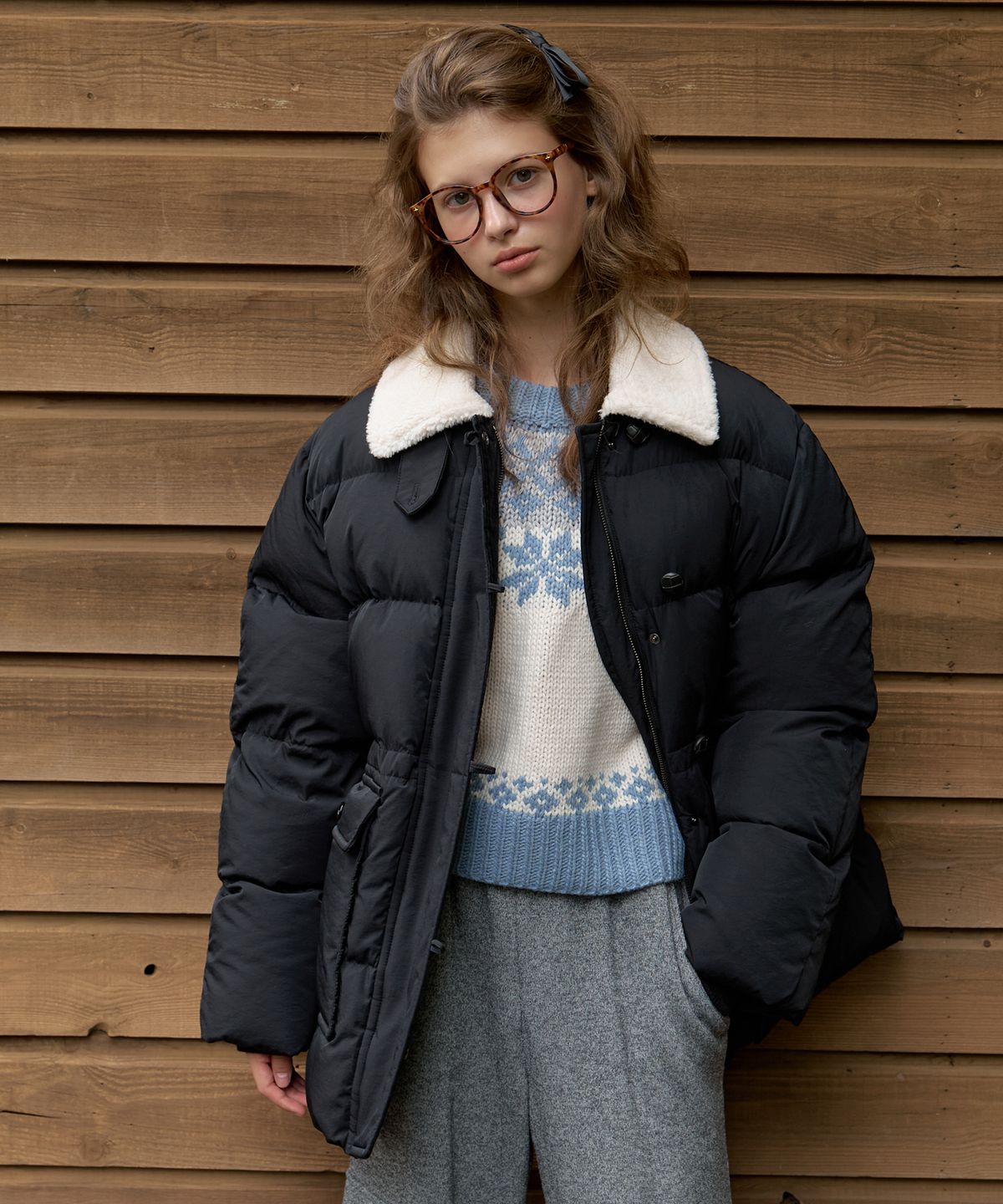 어몽(AMONG) A FUR COLLAR DUCK DOWN HALF PADDING_BLACK
