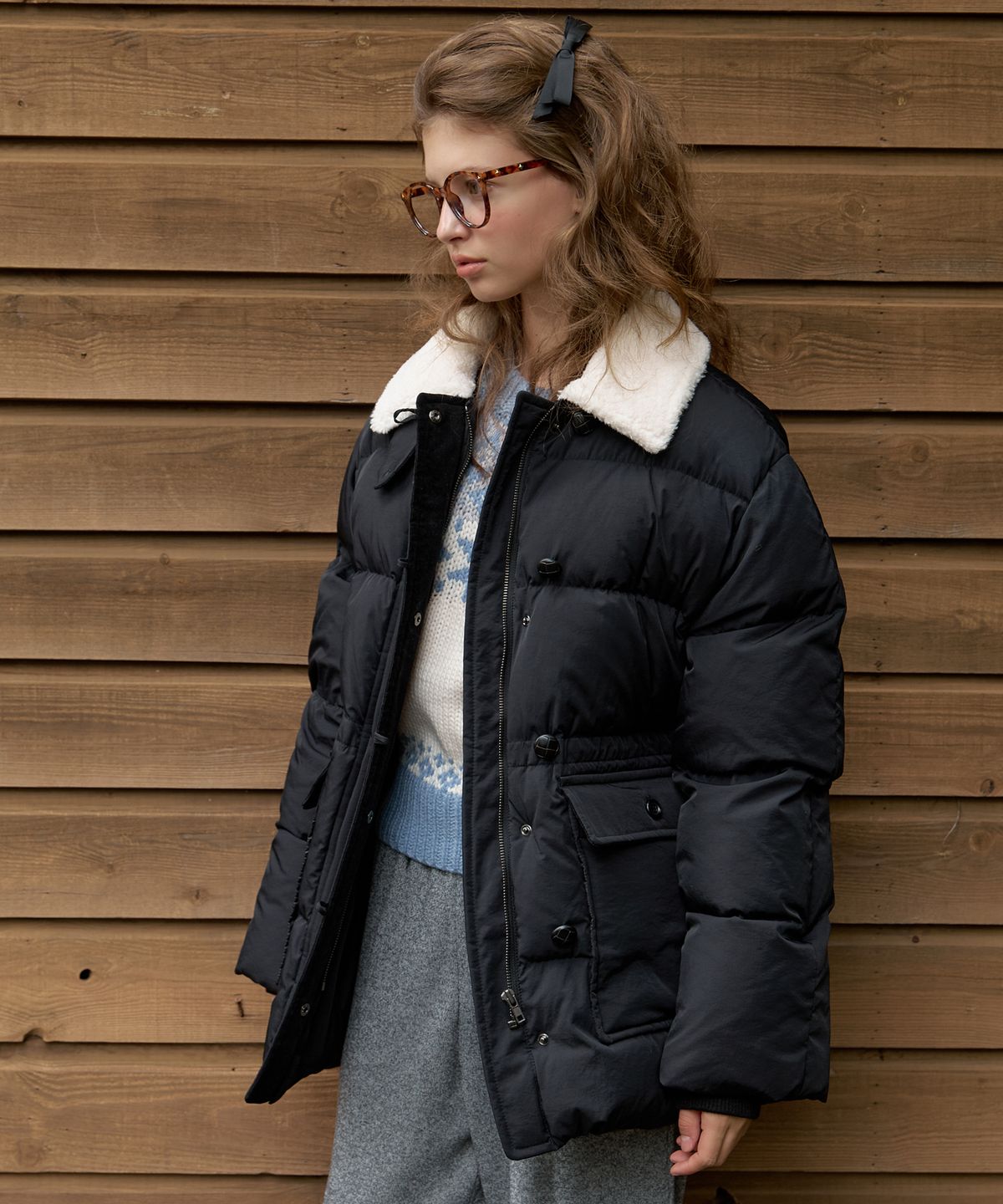 어몽(AMONG) A FUR COLLAR DUCK DOWN HALF PADDING_BLACK