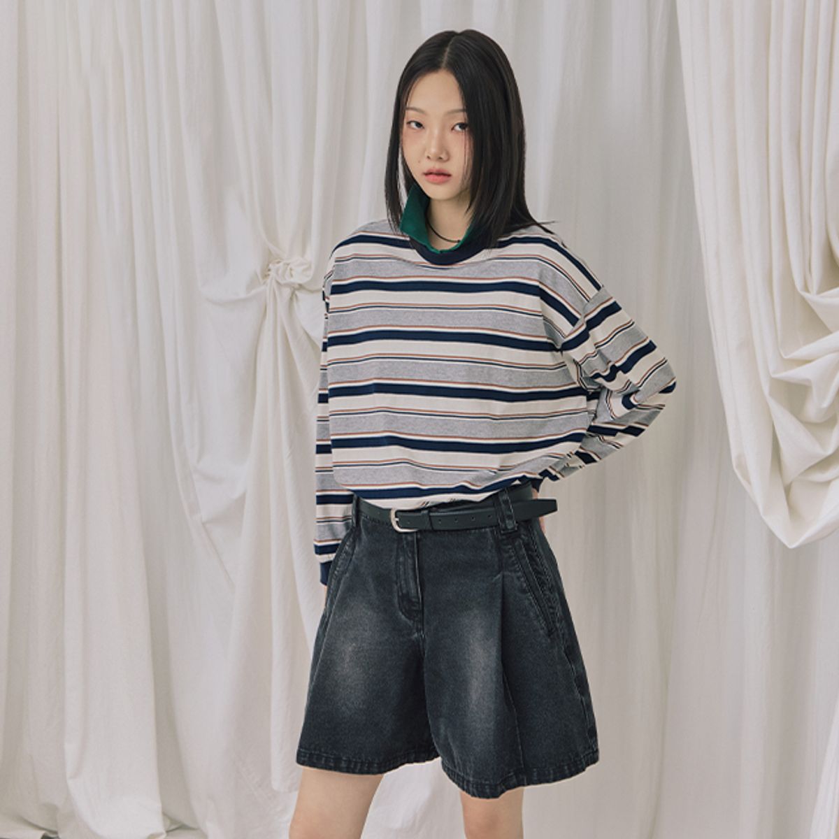 랩(LAP) 워싱 주름 턱 데님쇼츠 AR3DP863