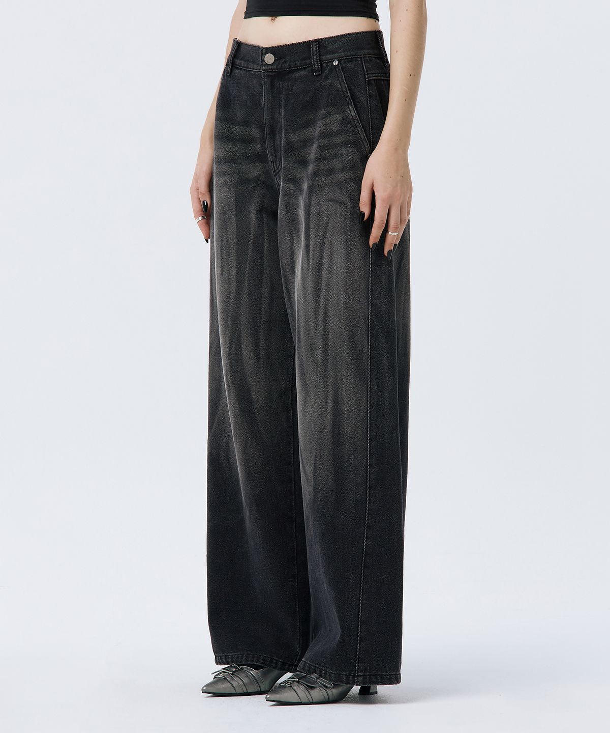 트리밍버드(TREEMINGBIRD) Brushed Denim Pants [ Black ]