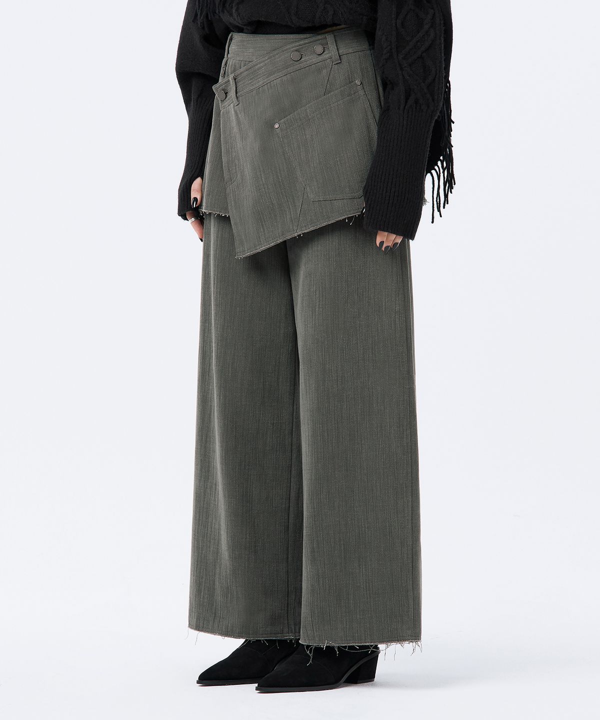 트리밍버드(TREEMINGBIRD) Wrap Skirt Overlay Pants [ Khaki Gray ]