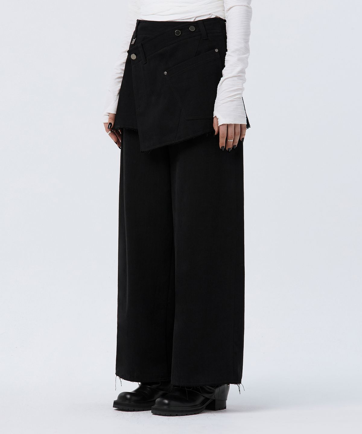 트리밍버드(TREEMINGBIRD) Wrap Skirt Overlay Pants [ Charcoal ]