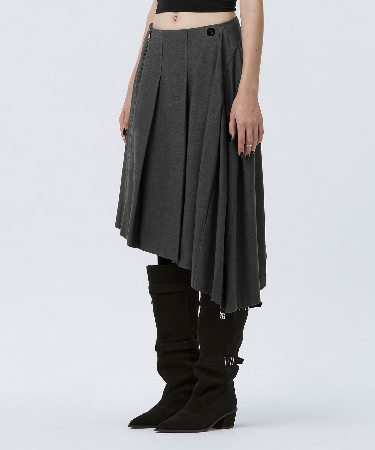 트리밍버드(TREEMINGBIRD) Pleated Asymmetric Skirt [ Gray ]