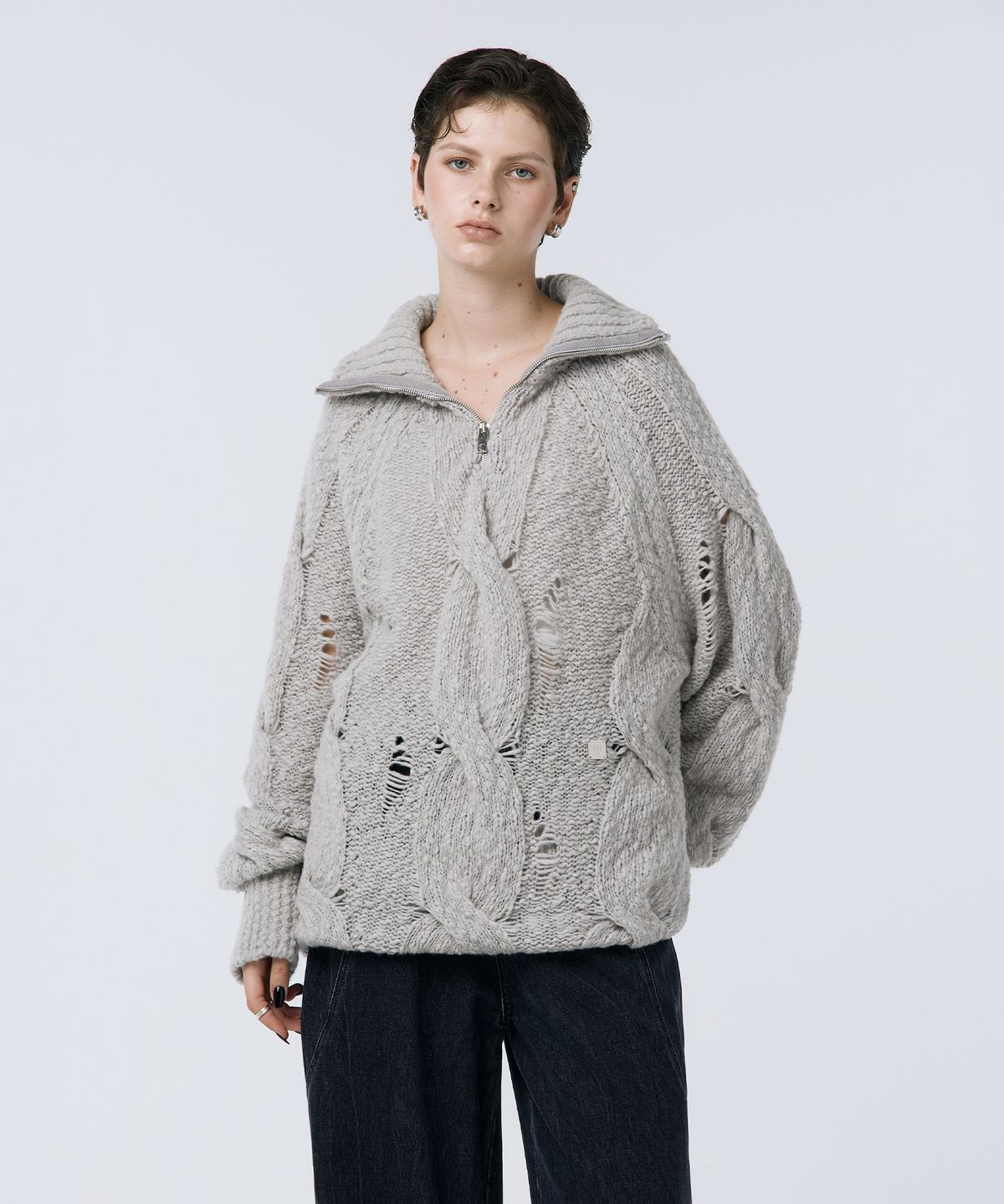 트리밍버드(TREEMINGBIRD) Cable Knit Anorak Pullover [ Light Gray ]