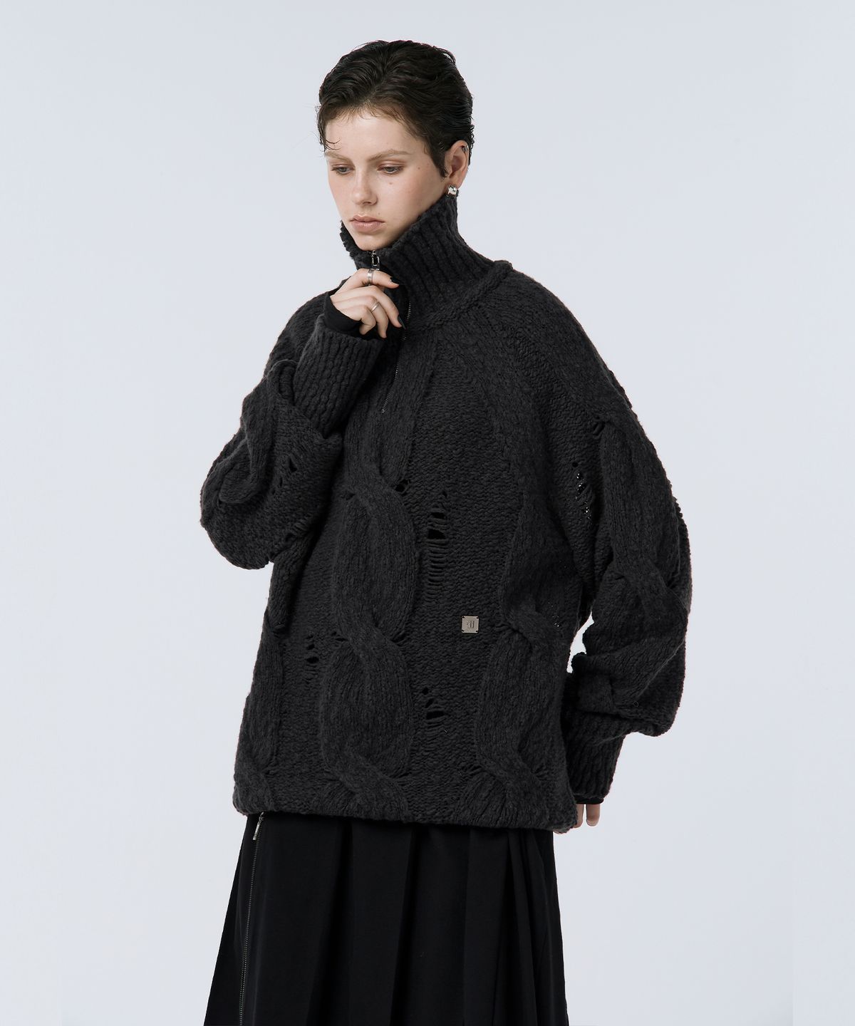 트리밍버드(TREEMINGBIRD) Cable Knit Anorak Pullover [ Charcoal ]