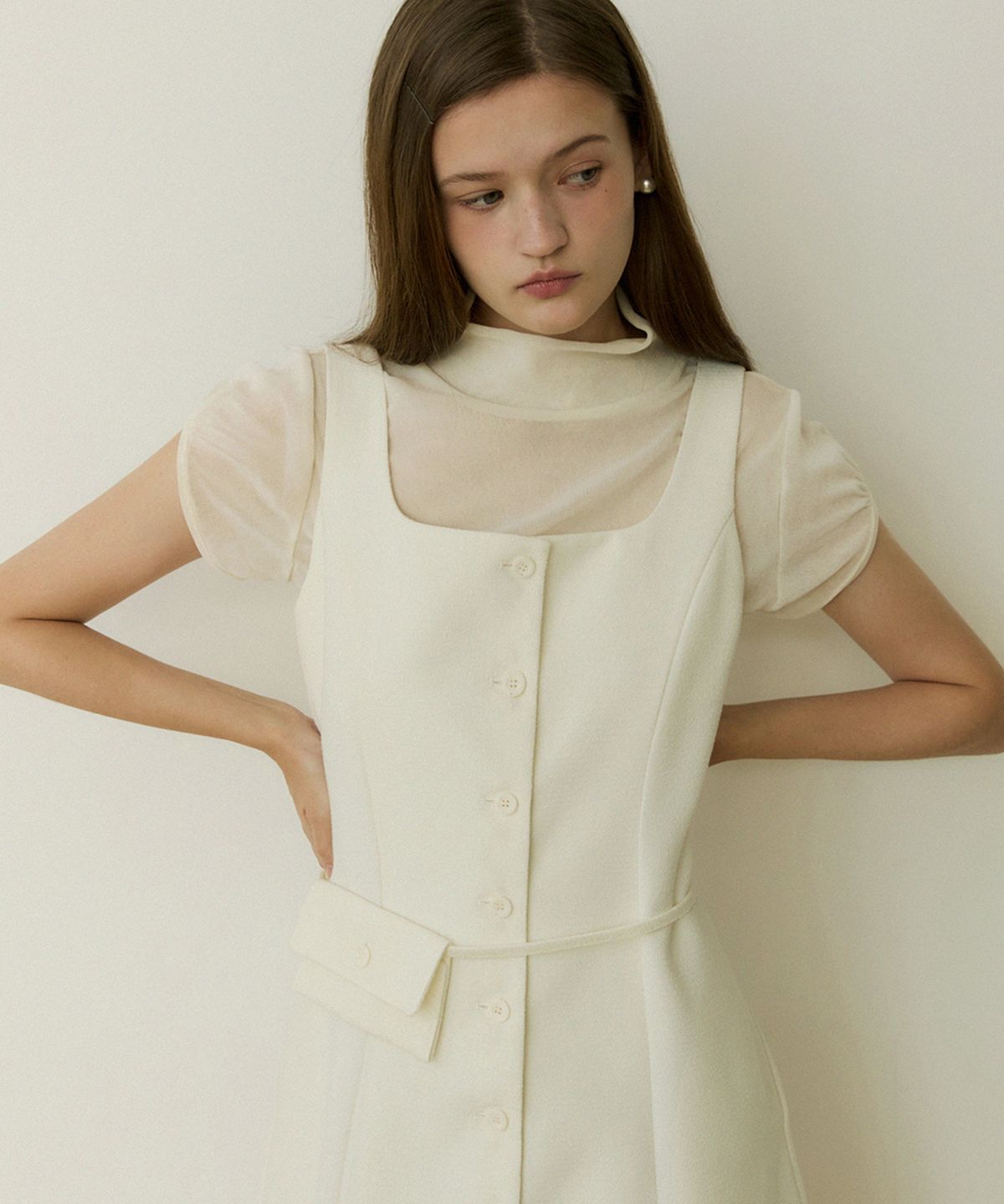 어다울(ADAUL) Solid tweed line belt back set long dress - ivory