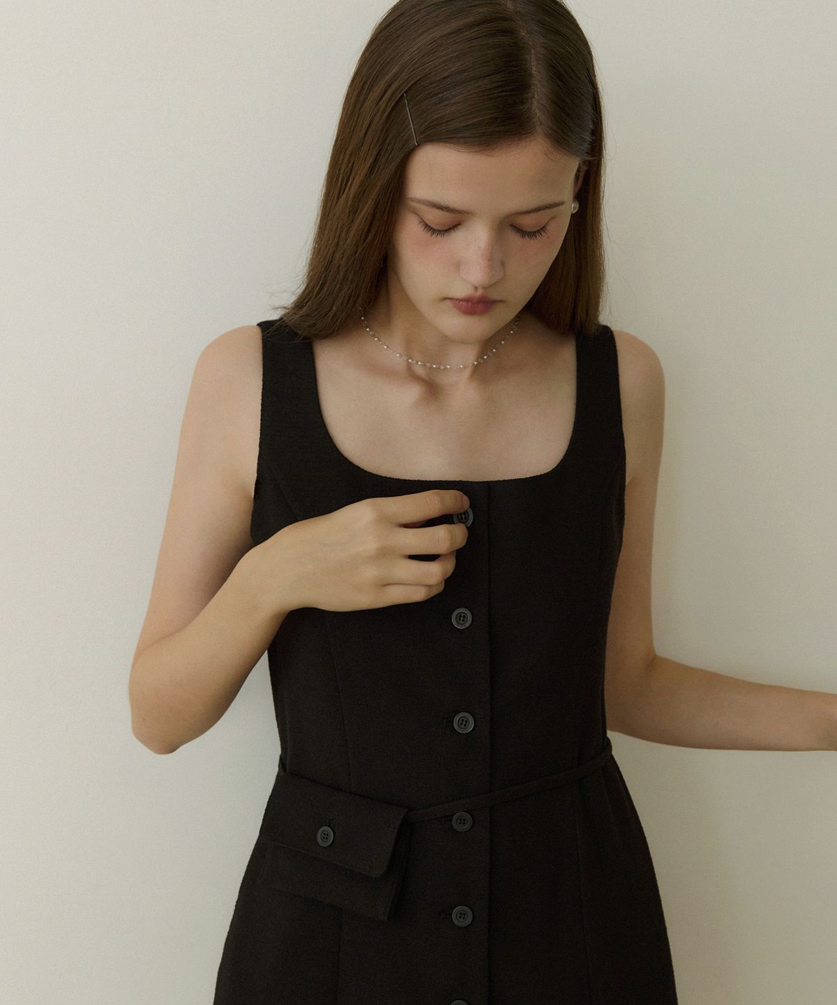 어다울(ADAUL) Solid tweed line belt back set long dress - black