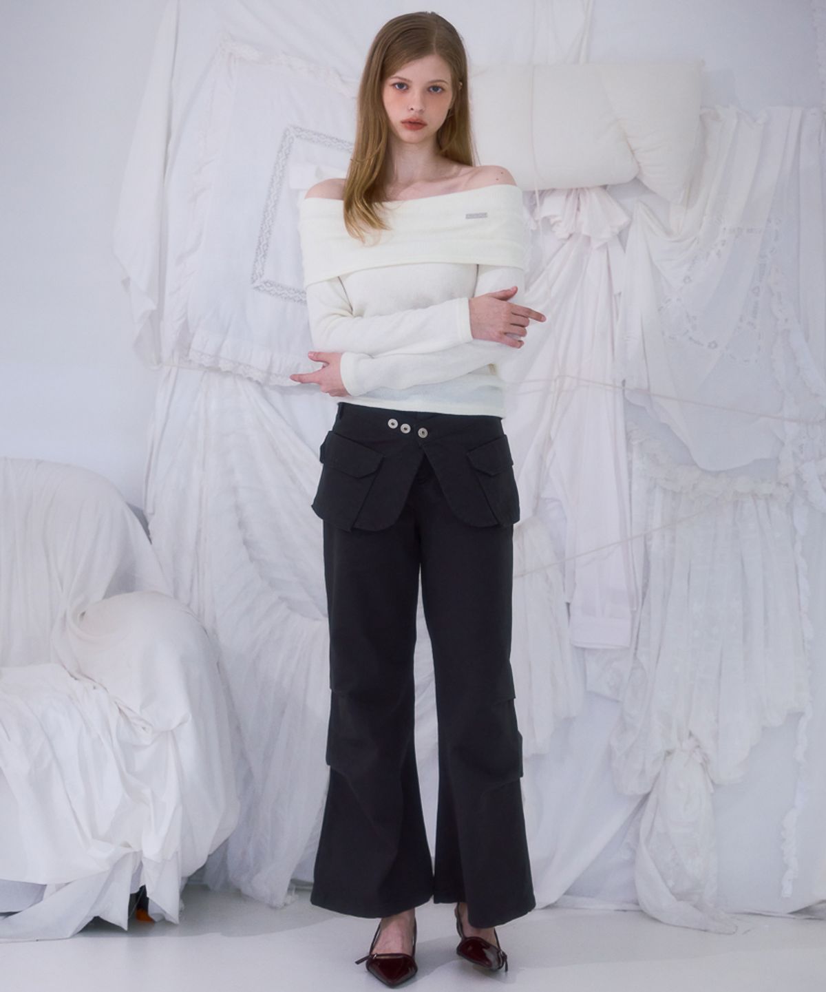로제프란츠(ROSEFRANTZ) Skirt Layered Bootcut Pants [Charcoal]