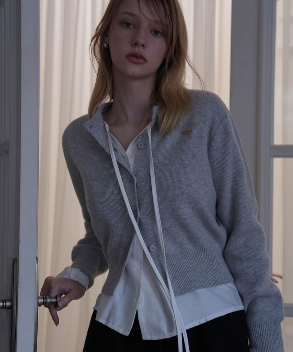 드헤베(DEHEVE) Basic Round Knit Cardigan [Gray]