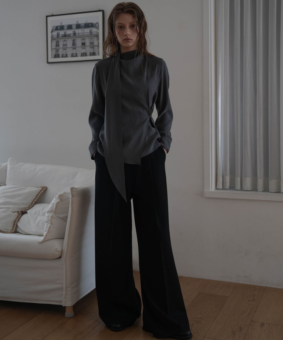 드헤베(DEHEVE) Wrap Scarf Blouse [Charcoal]