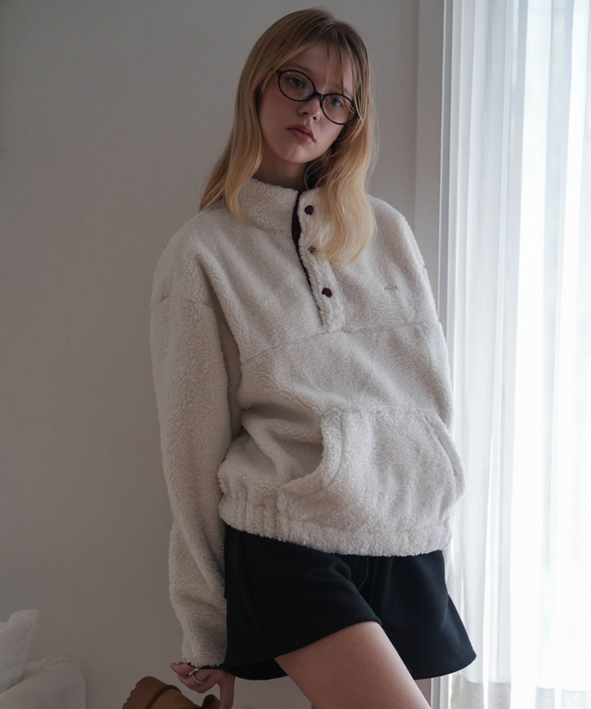 드헤베(DEHEVE) Shearling Half Zip-up [Ivory]