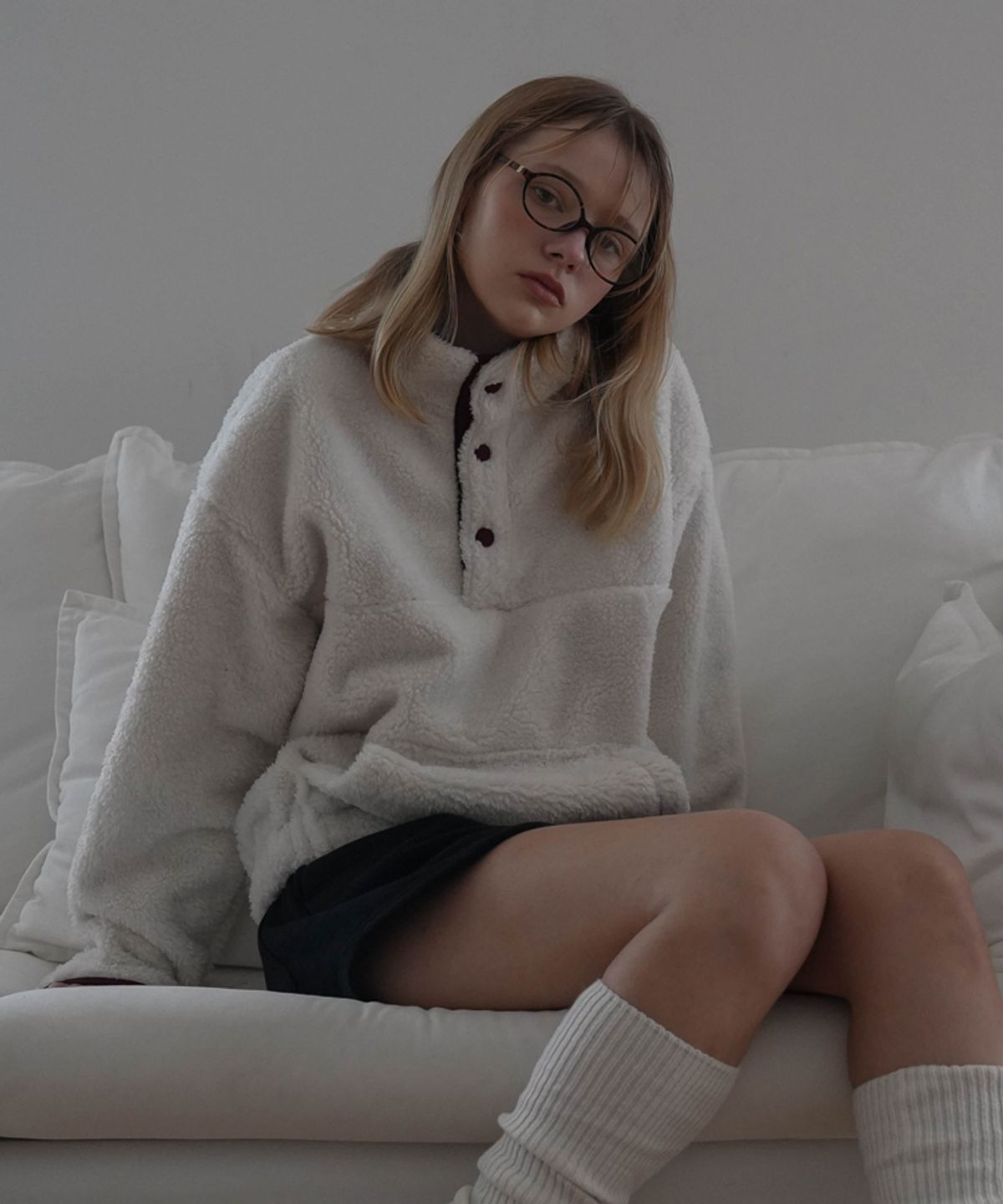 드헤베(DEHEVE) Shearling Half Zip-up [Ivory]