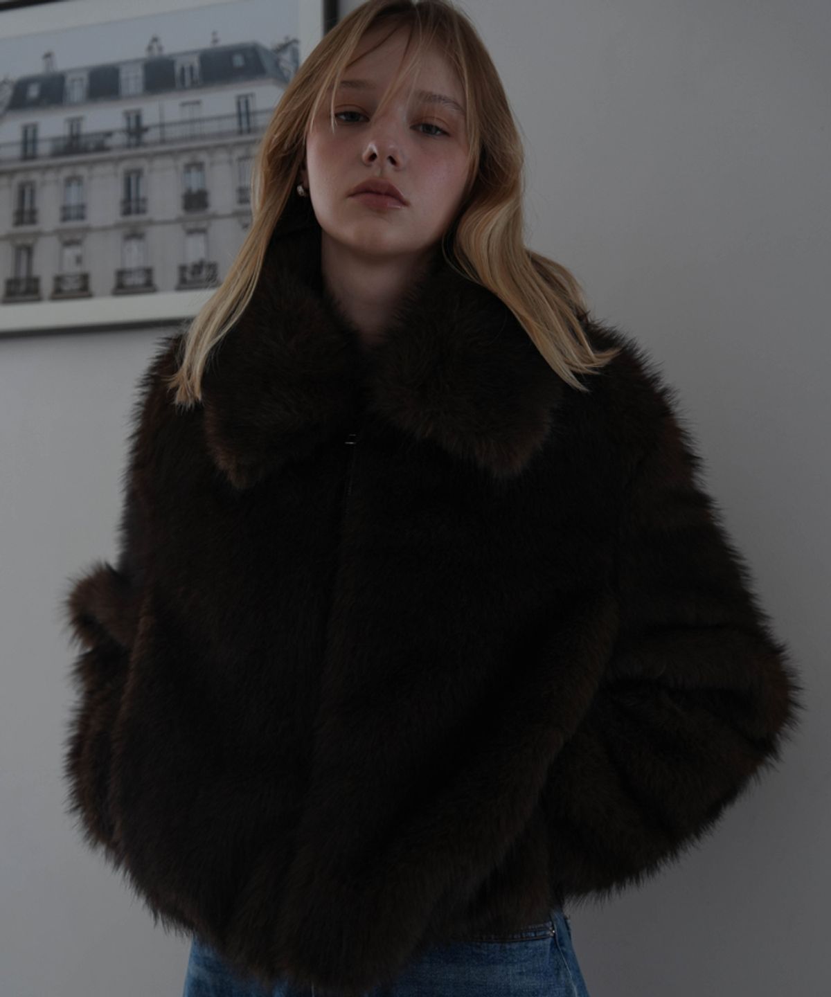 드헤베(DEHEVE) Collar Fur Jacket [Brown]