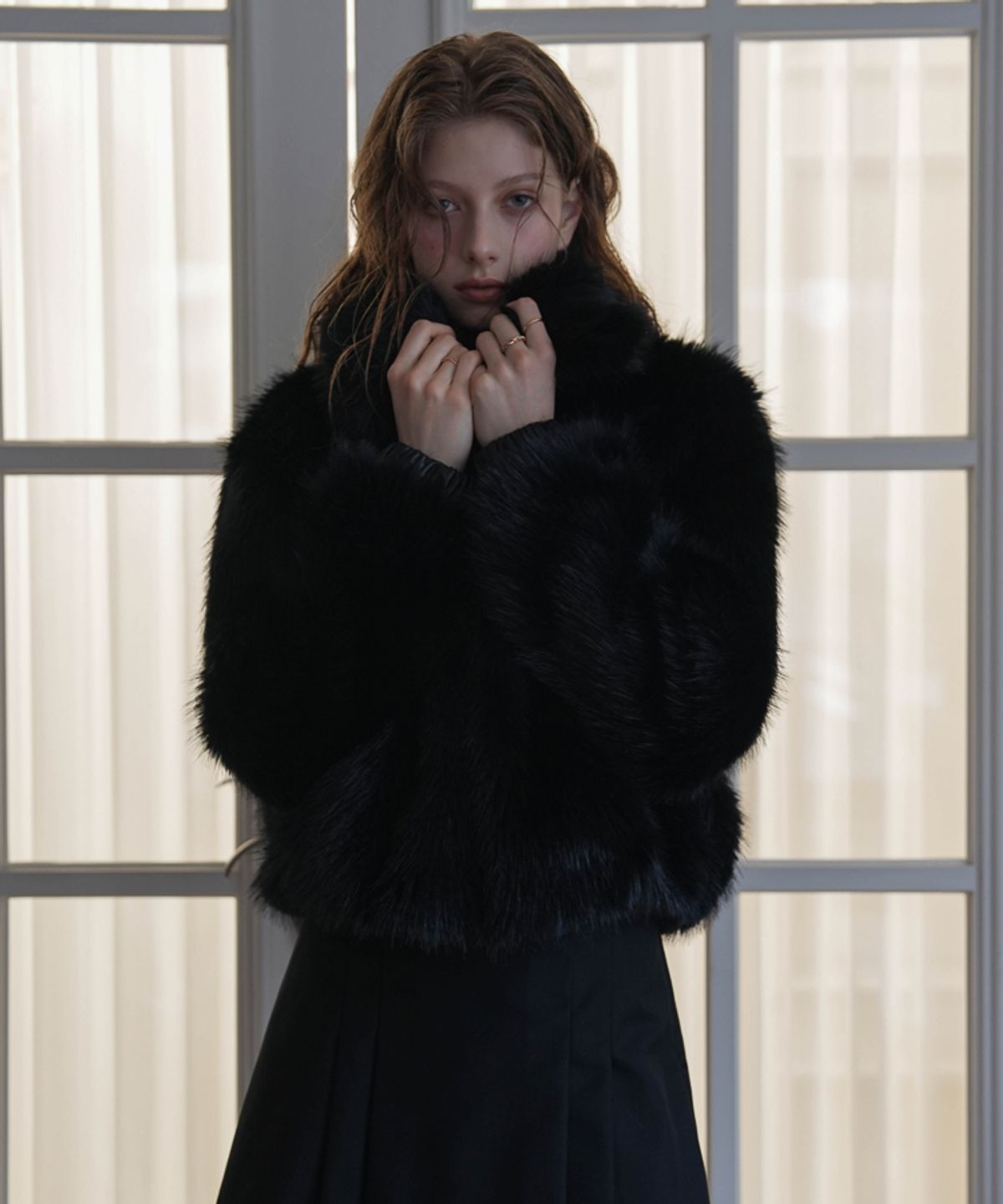 드헤베(DEHEVE) Collar Fur Jacket [Black]
