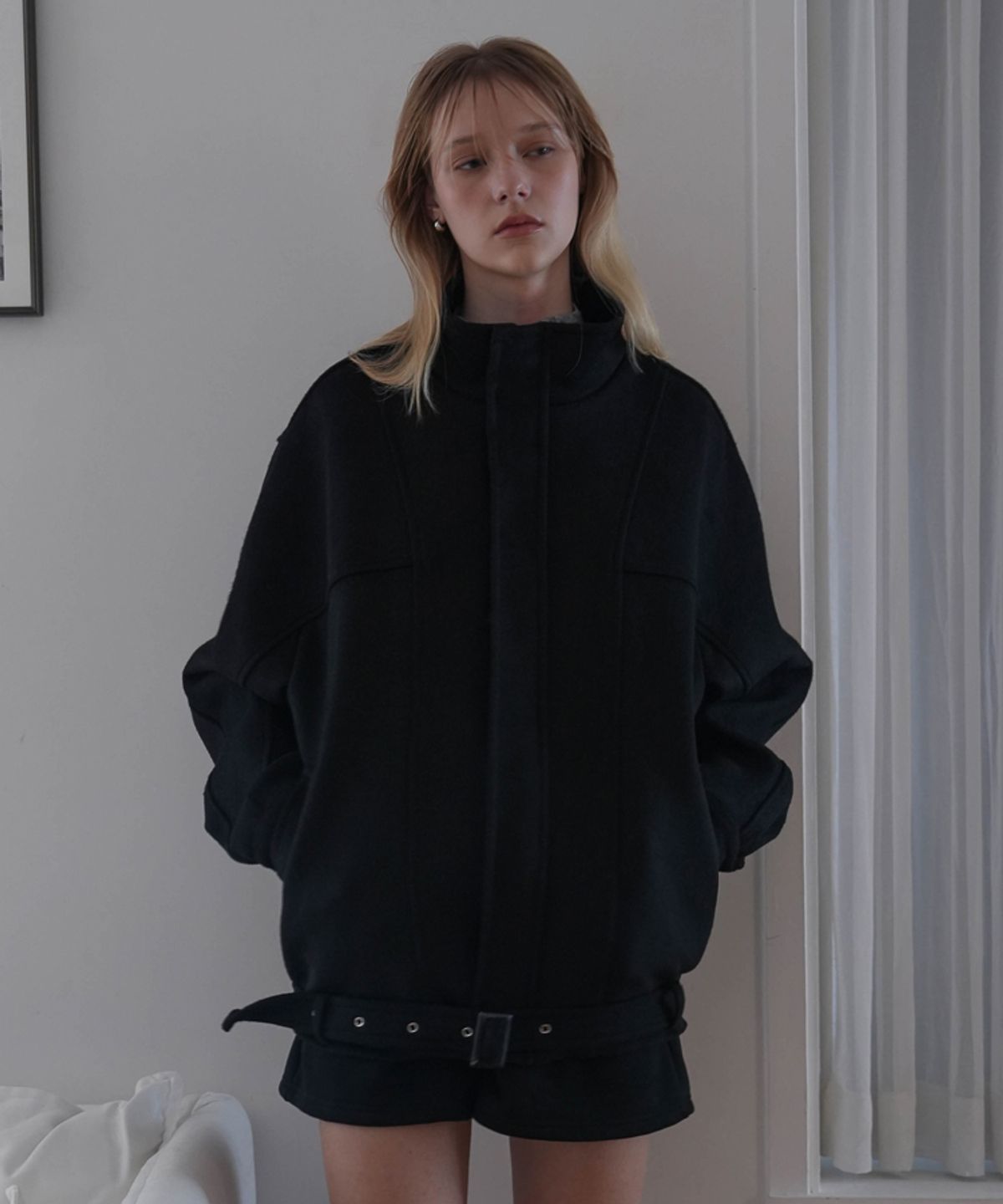 드헤베(DEHEVE) Belted Wool Half Jacket [Black]