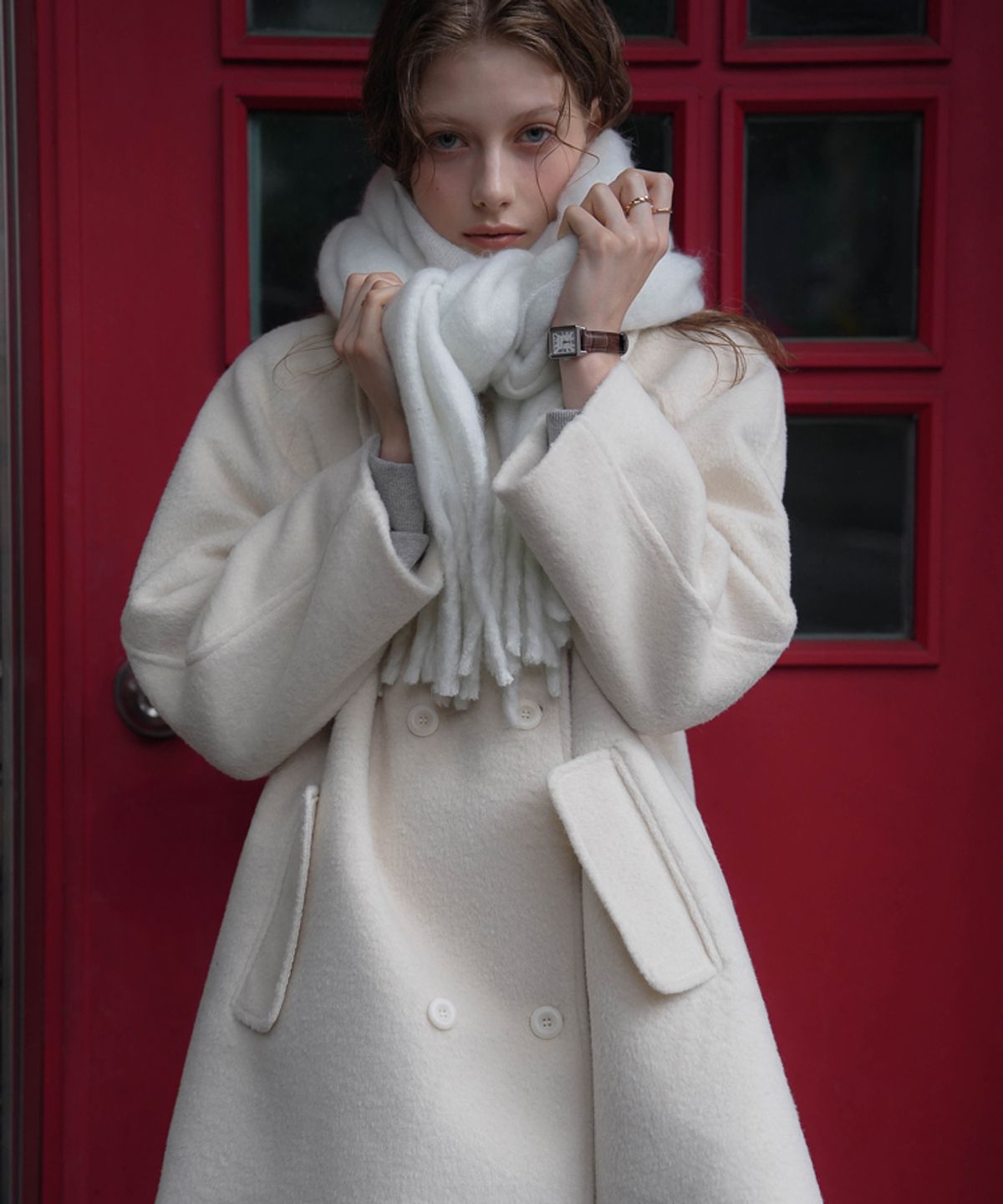 드헤베(DEHEVE) Wool Double Half Coat [Ivory]