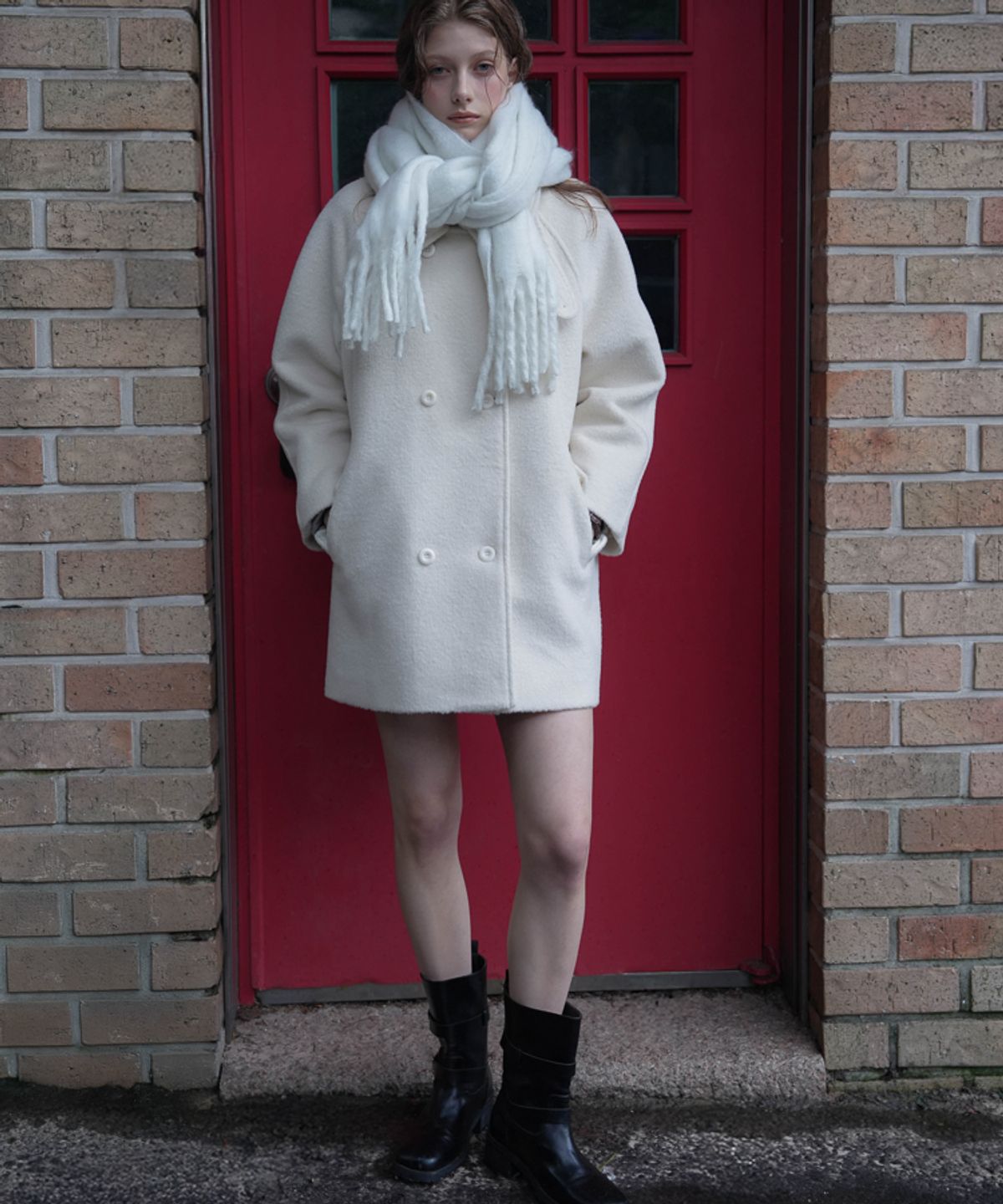 드헤베(DEHEVE) Wool Double Half Coat [Ivory]