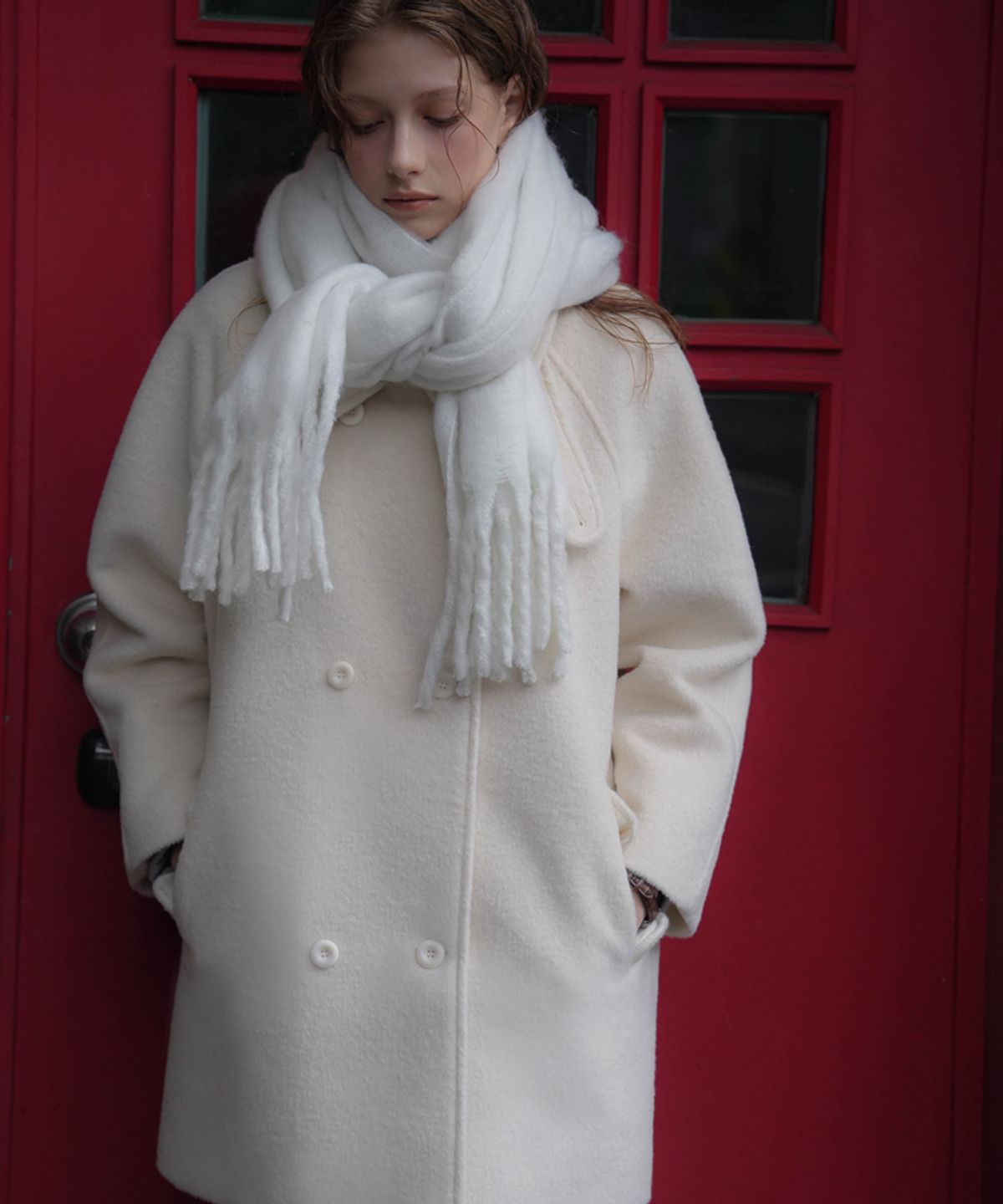 드헤베(DEHEVE) Wool Double Half Coat [Ivory]