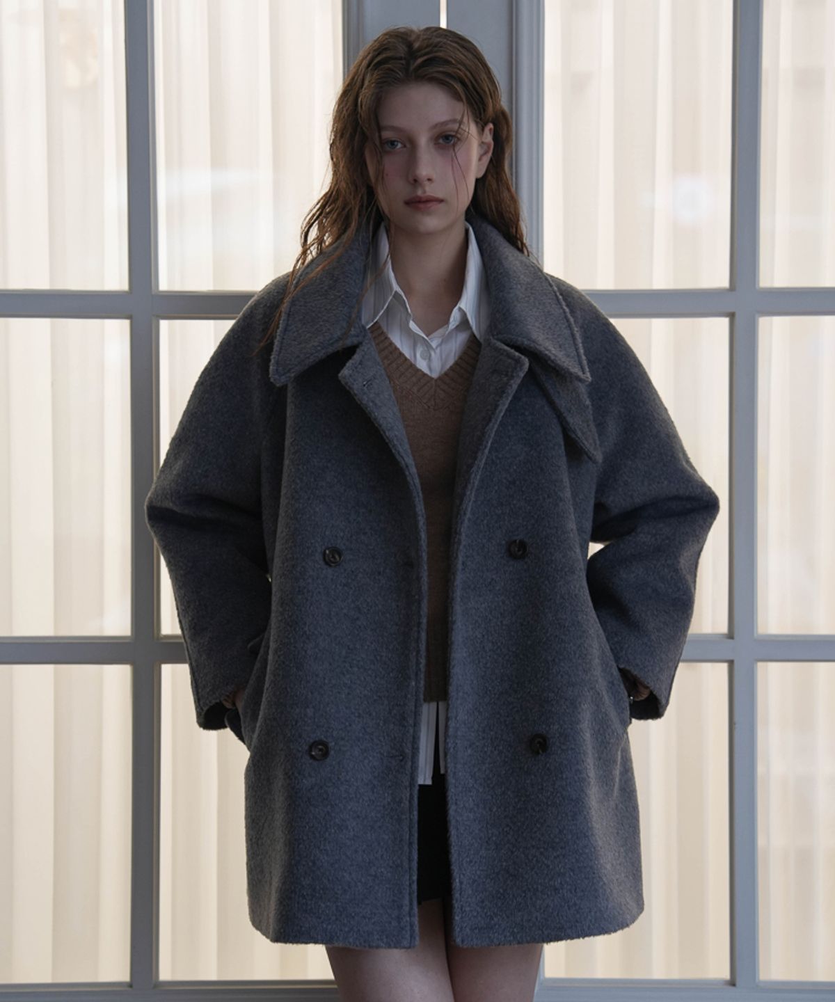 드헤베(DEHEVE) Wool Double Half Coat [Gray]