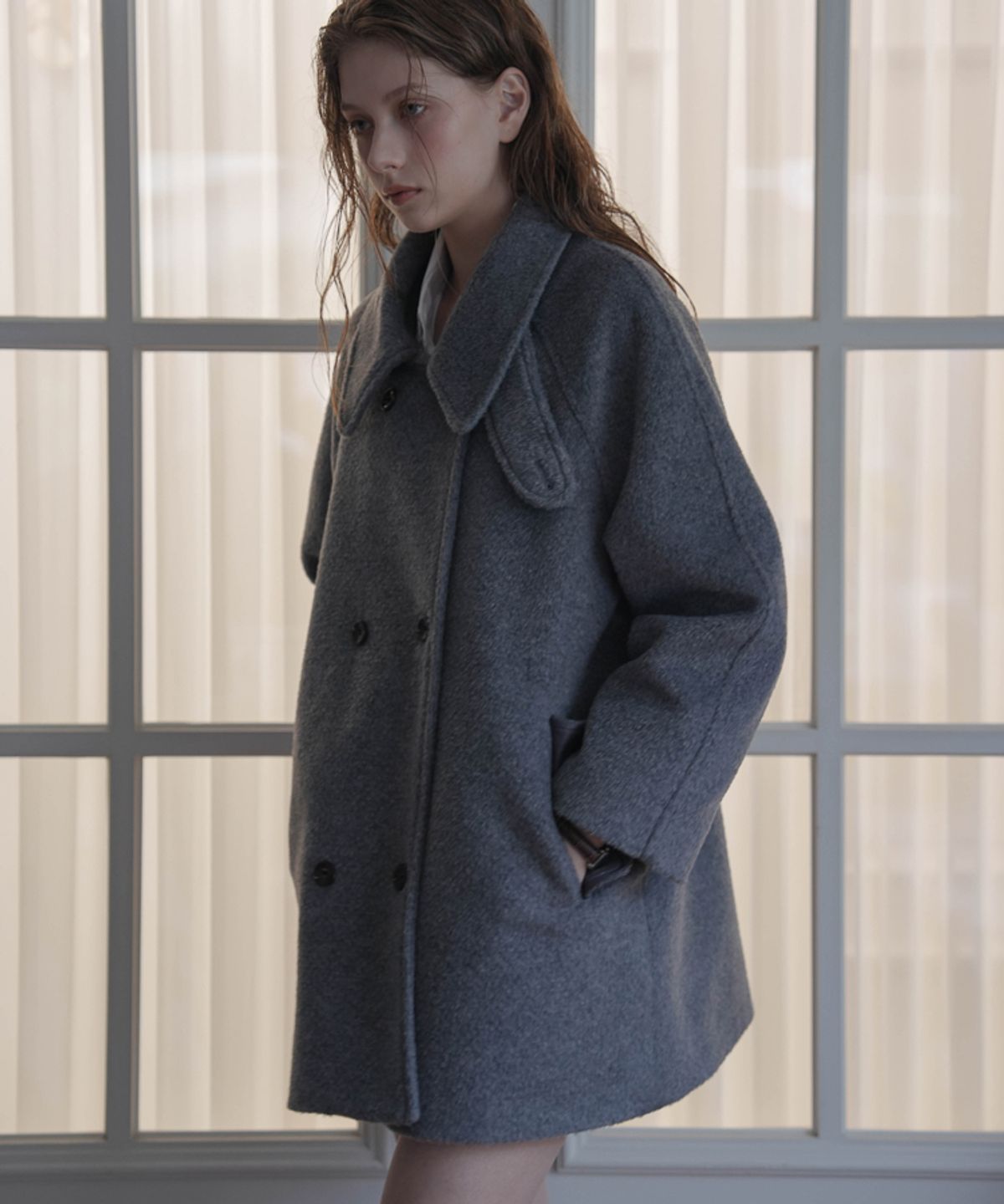 드헤베(DEHEVE) Wool Double Half Coat [Gray]